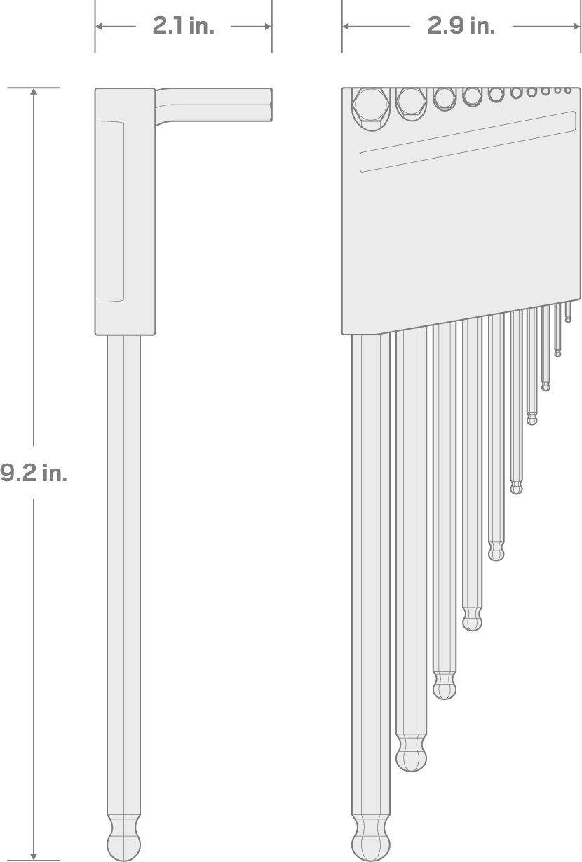 Specs for Ball End Hex L-Key Set with Holder, 10-Piece (1.3-10 mm, common sizes)