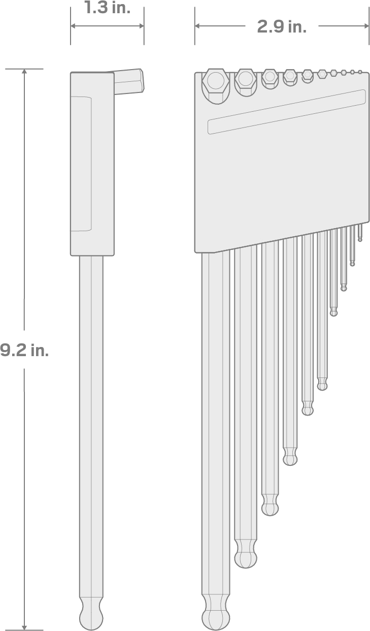 Specs for Short Arm Ball End Hex L-Key Set with Holder, 10-Piece (1.3-10 mm)