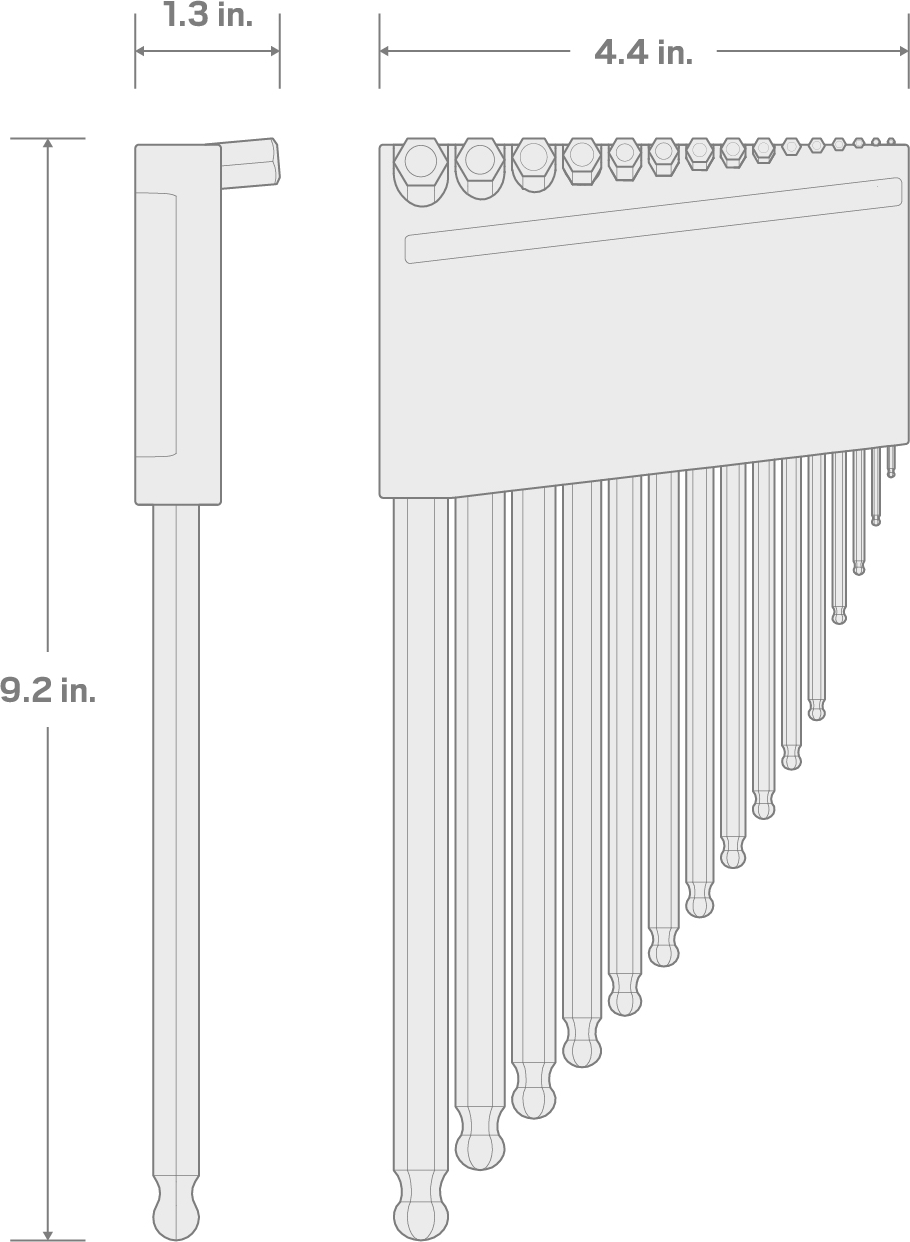 Specs for Short Arm Ball End Hex L-Key Set with Holder, 15-Piece (1.3-10 mm)