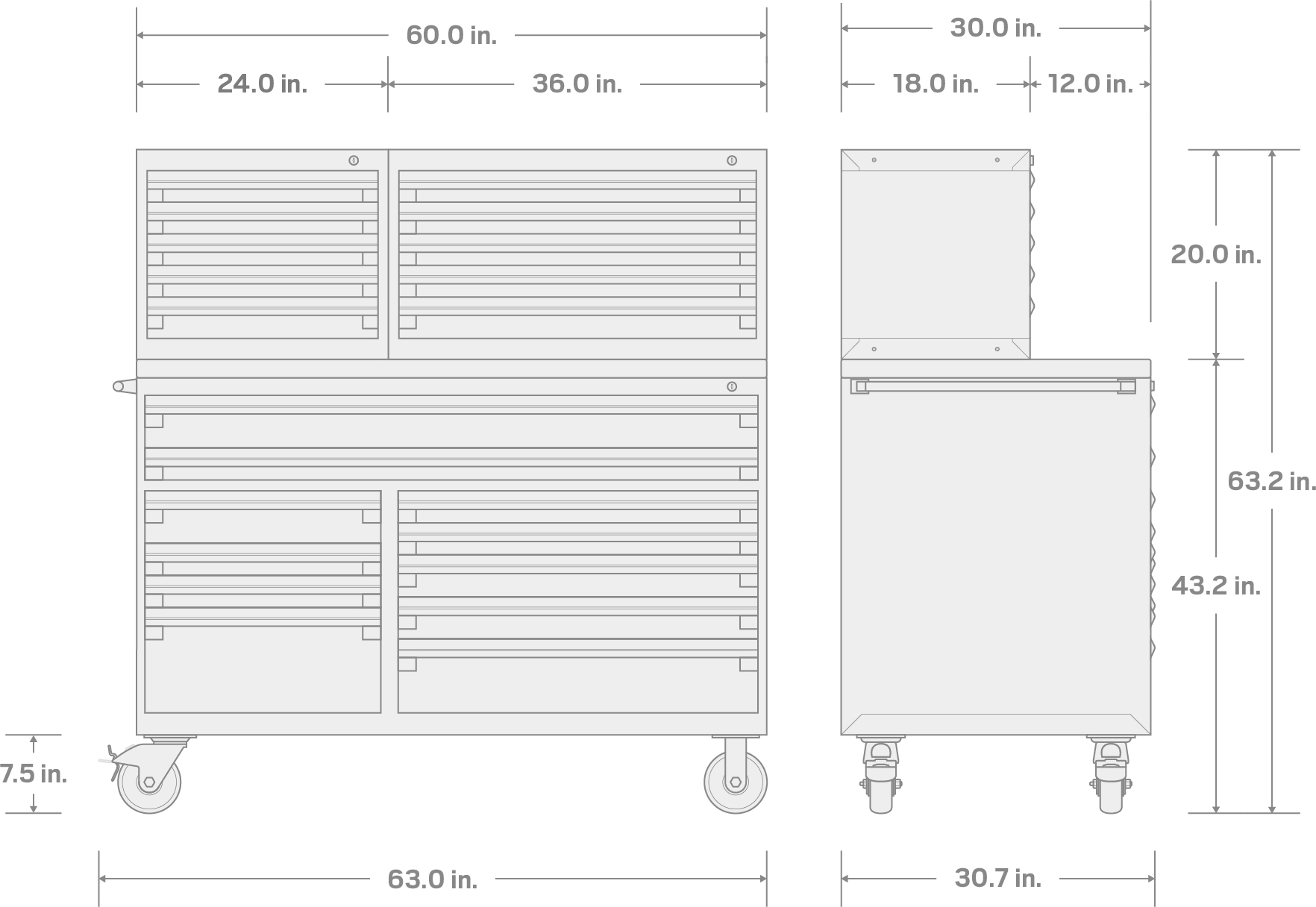 Specs for 21-Drawer 40/60 Split Bank Tool Cabinet System with Stainless Steel Top, Black (60 W x 30 D x 63 H in.)