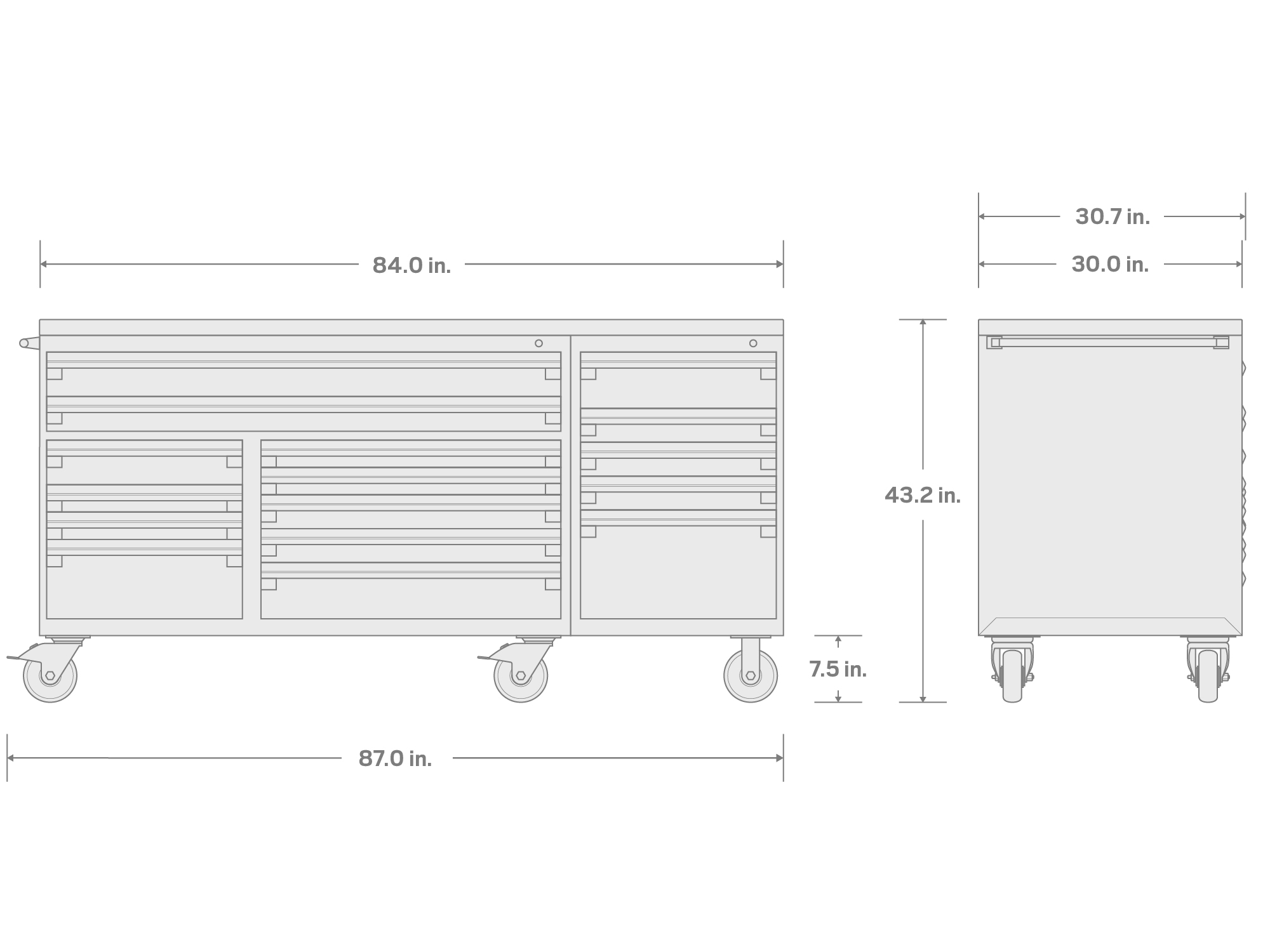 Specs for 16-Drawer 40/60 Split Bank Tool Cabinet with Stainless Steel Top, Black (84 W x 30 D x 43.2 H in.)