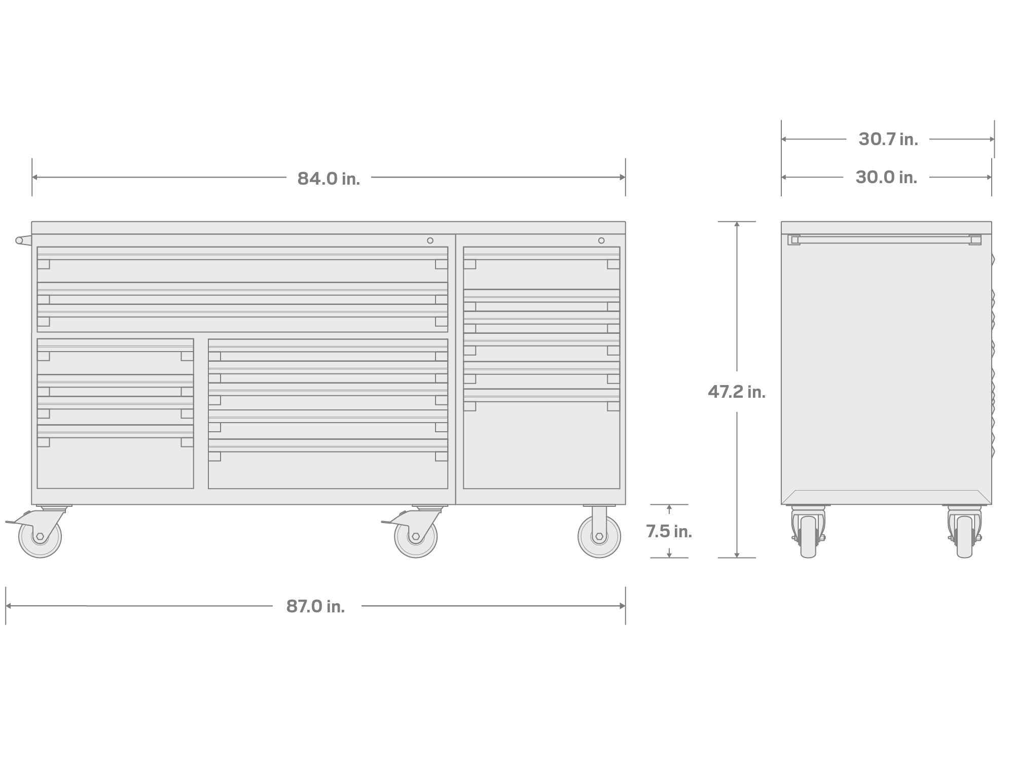 Specs for 18-Drawer 40/60 Split Bank Tool Cabinet with Stainless Steel Top, Black (84 W x 30 D x 47.2 H in.)