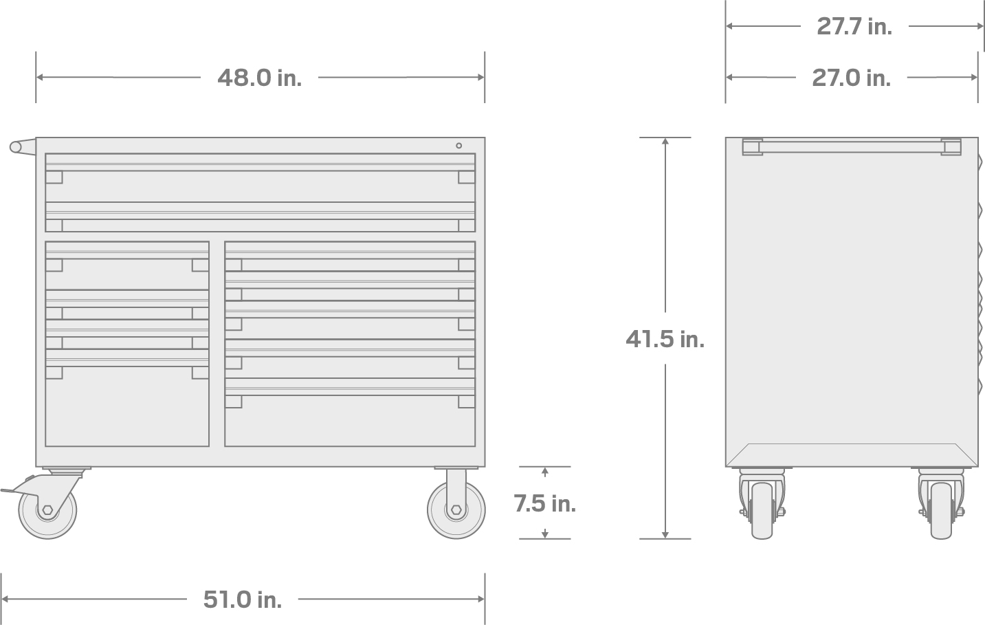 Specs for 11-Drawer 40/60 Split Bank Tool Cabinet, Black (48 W x 27 D x 41.5 H in.)