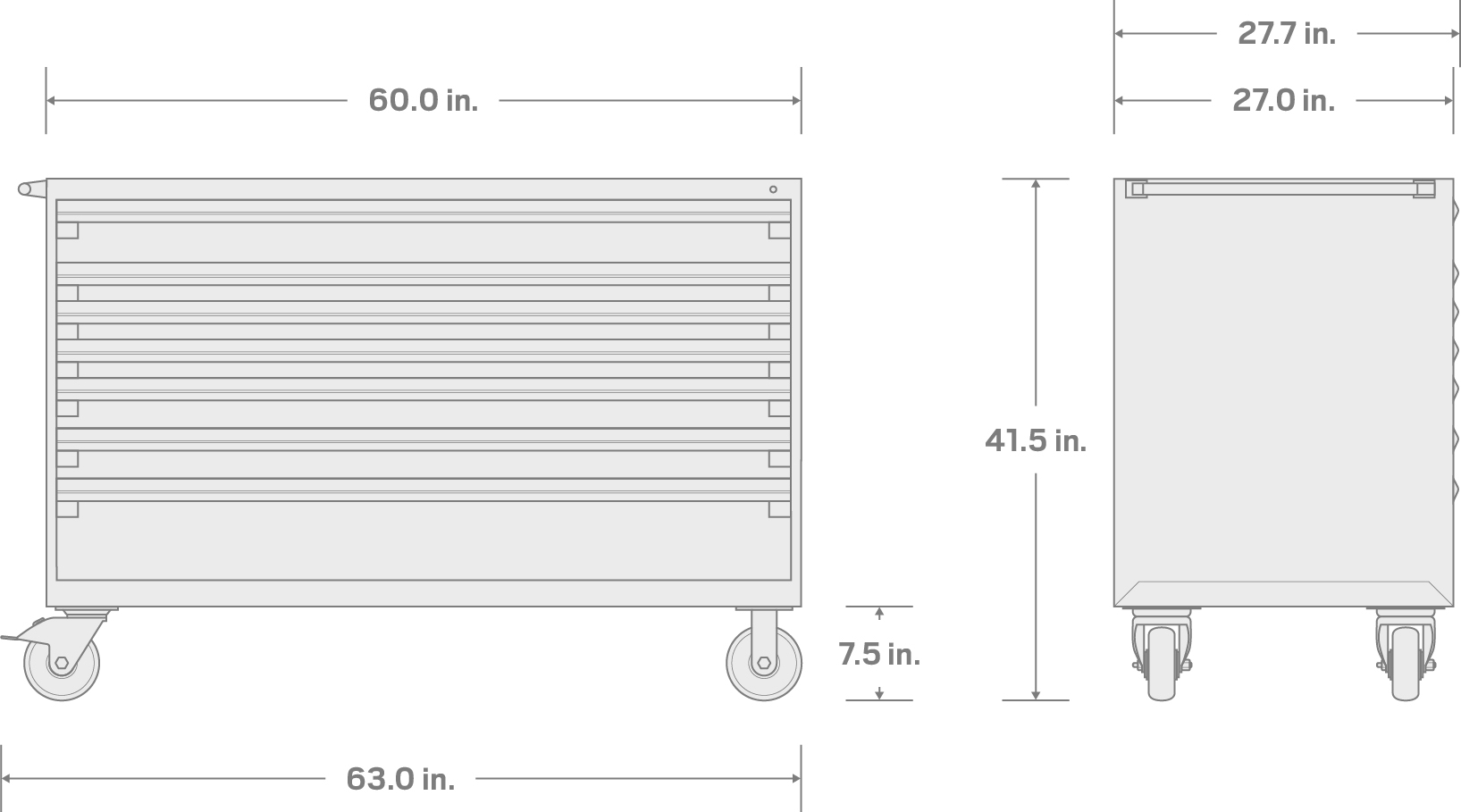 Specs for 7-Drawer Tool Cabinet, Black (60 W x 27 D x 41.5 H in.)