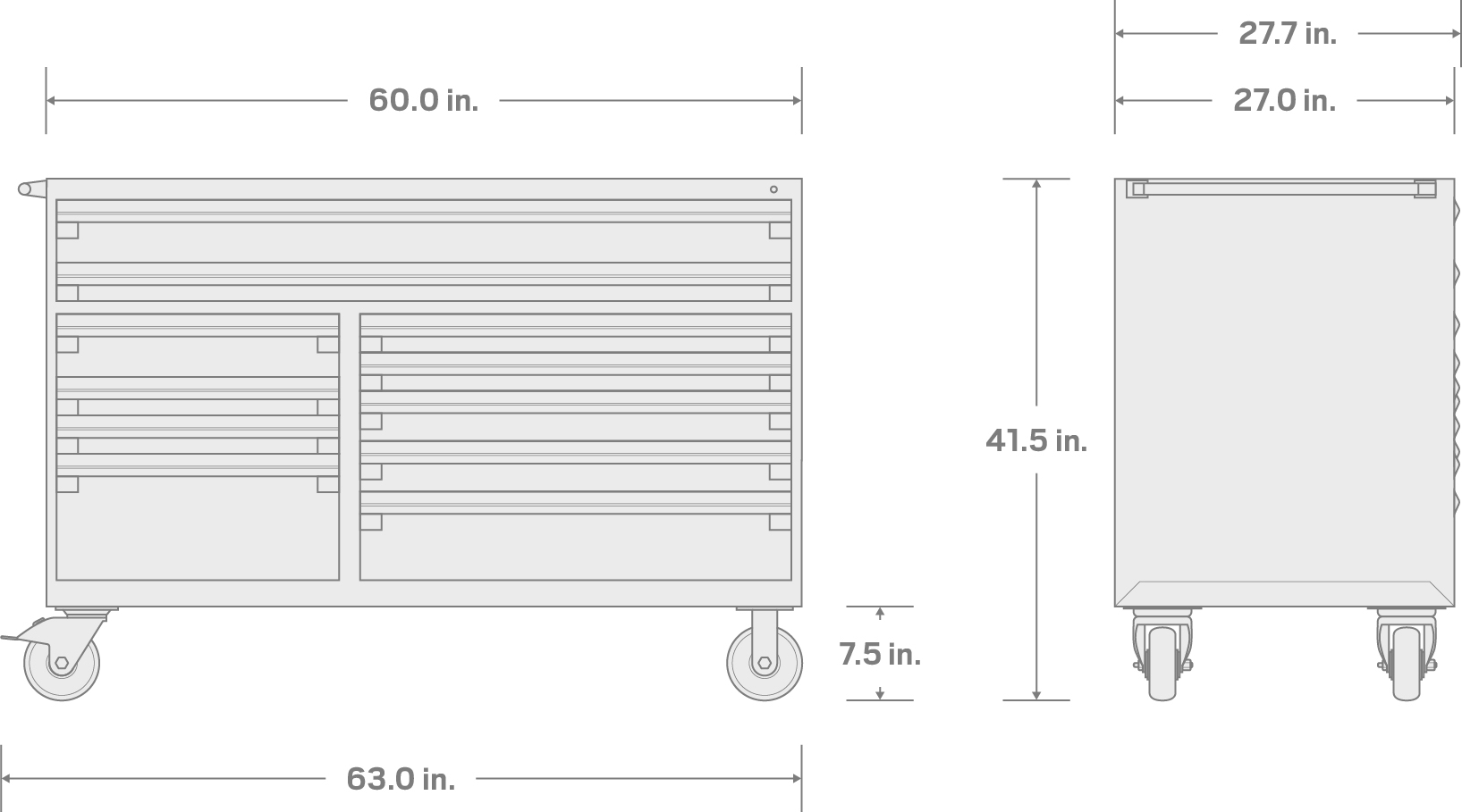 Specs for 11-Drawer 40/60 Split Bank Tool Cabinet, Black (60 W x 27 D x 41.5 H in.)