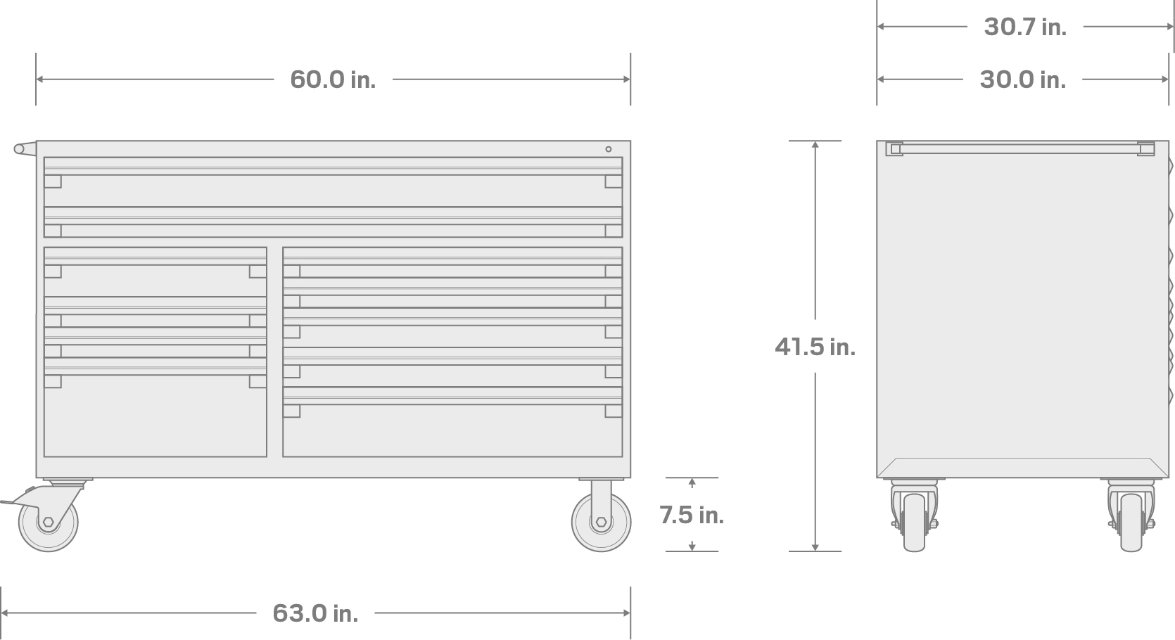 Specs for 11-Drawer 40/60 Split Bank Tool Cabinet, Black (60 W x 30 D x 41.5 H in.)