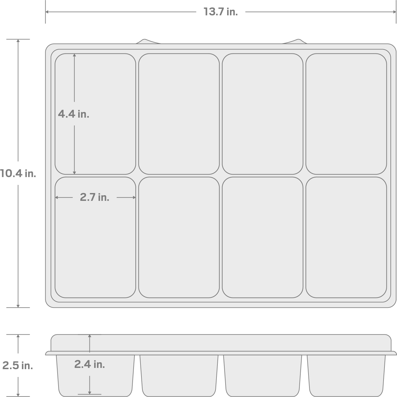 Specs for 8-Cavity Parts Tray for Lidded Drawer and Open Top Drawer