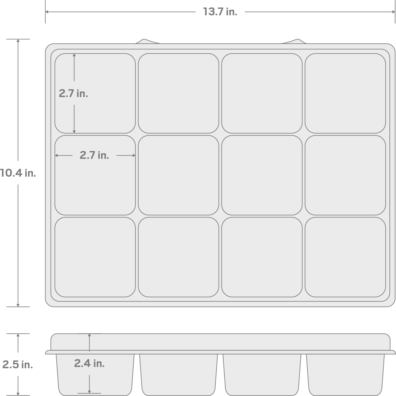 Specs for 12-Cavity Parts Tray for Lidded Drawer and Open Top Drawer