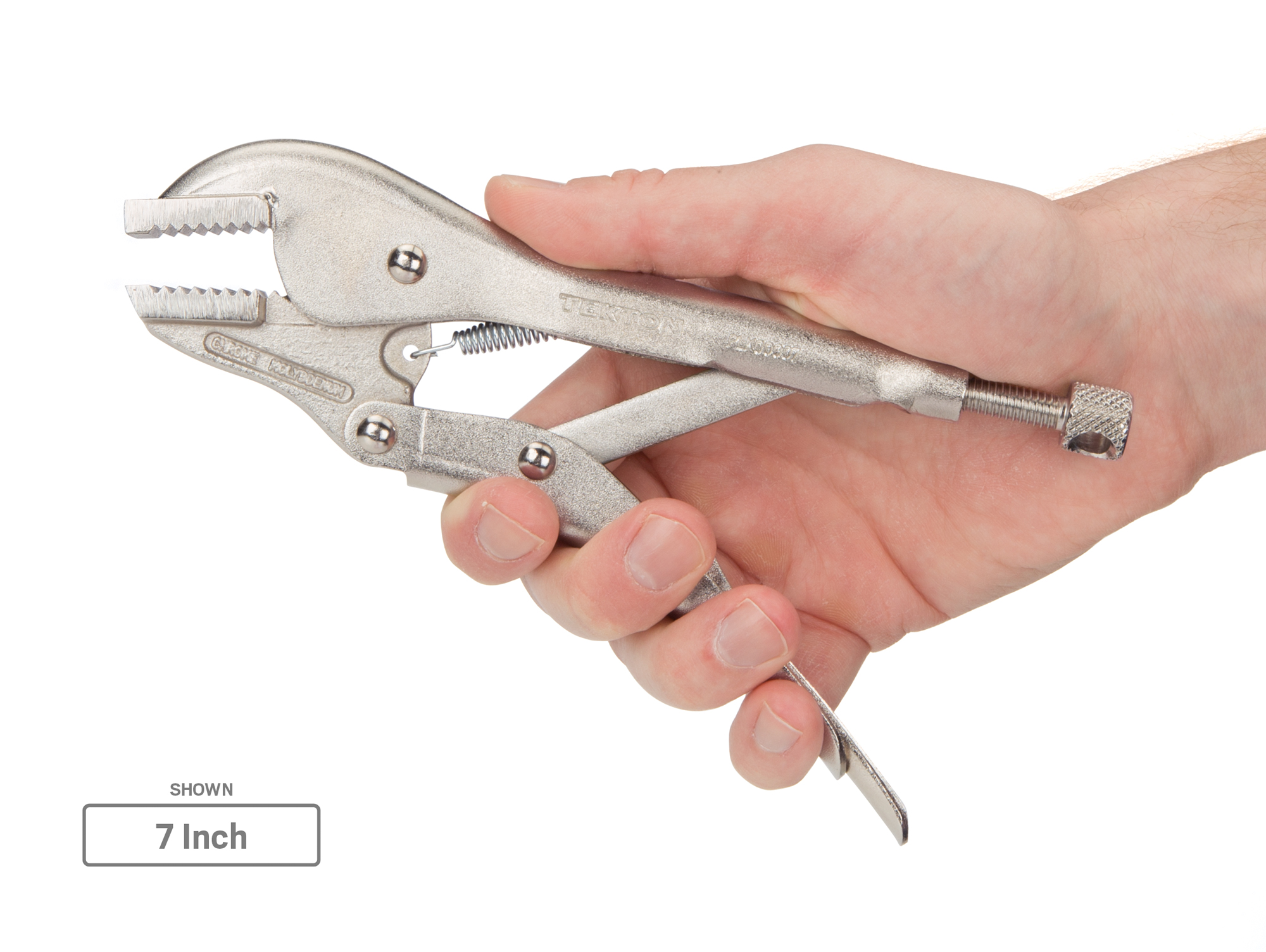 7 inch straight jaw locking pliers. One-hand pull release. Flat jaws, sharp teeth. Clamps flat stock, L-angle, sheet metal for welding. PLK00007.