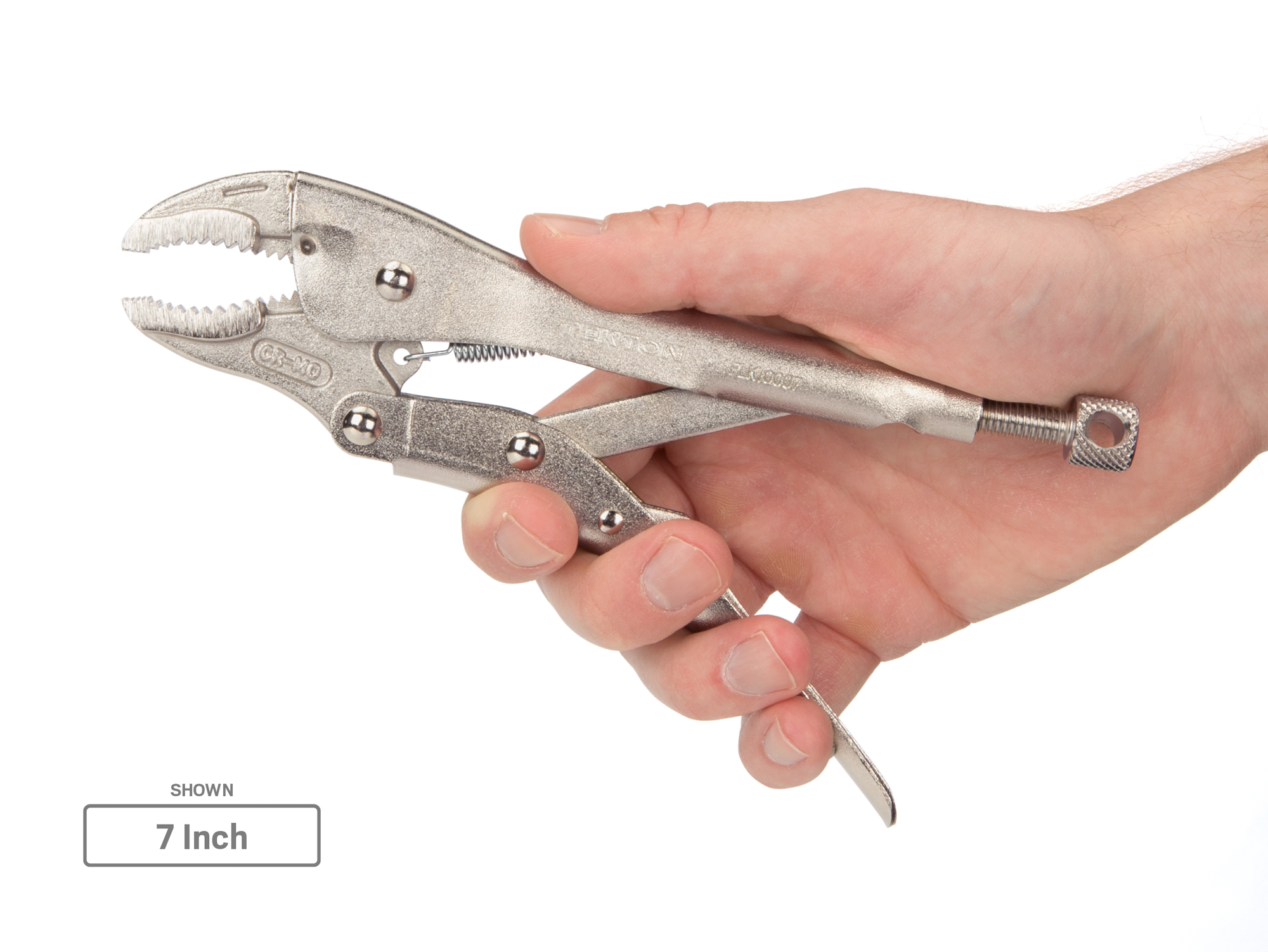 7 inch curved jaw locking pliers. One-hand pull release. Curved jaw, straight tip, sharp teeth. Grips round, hex, square, flat stock, sheet metal. PLK10007.