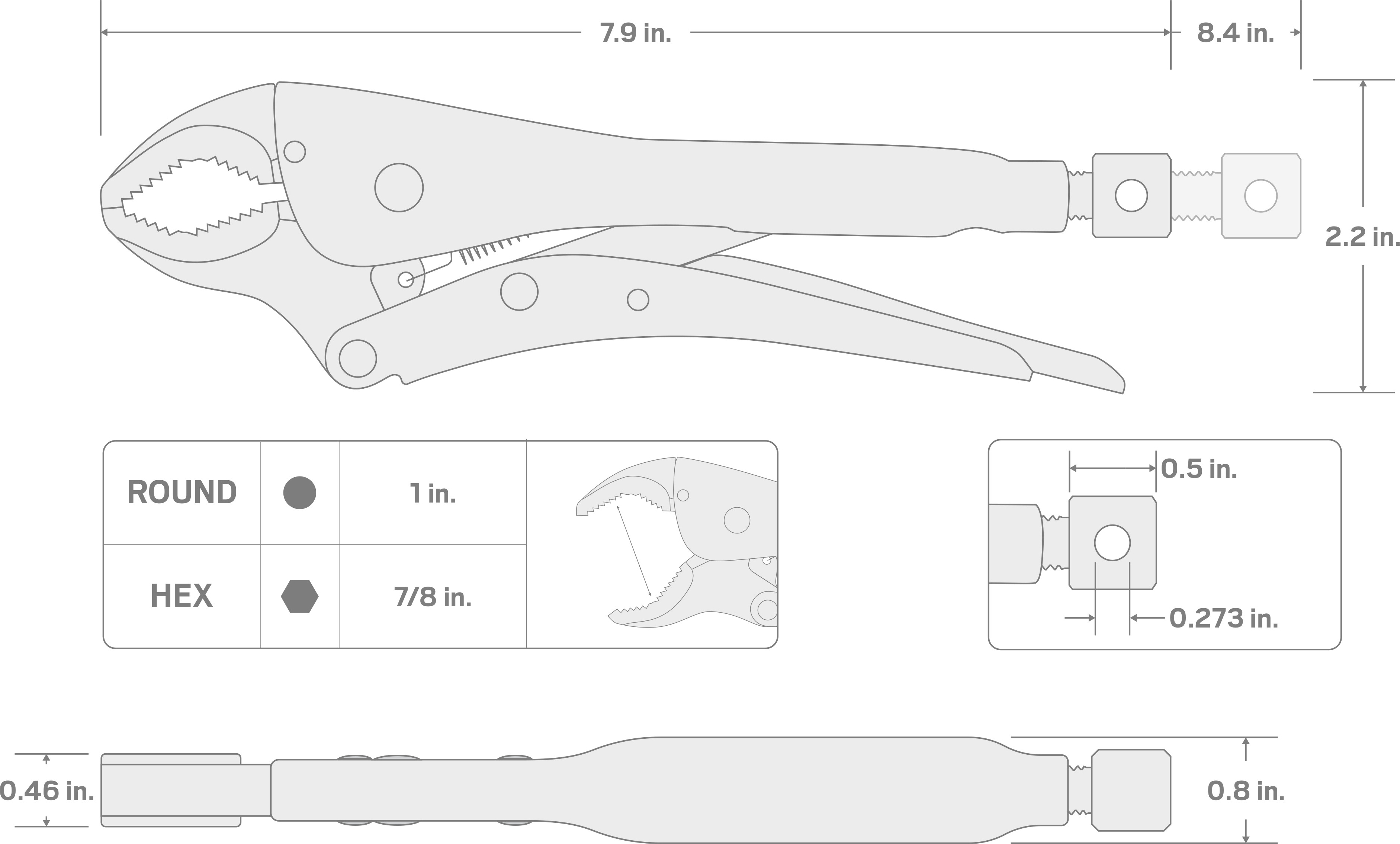 Specs for 7 Inch Deep Bite Round Jaw Locking Pliers