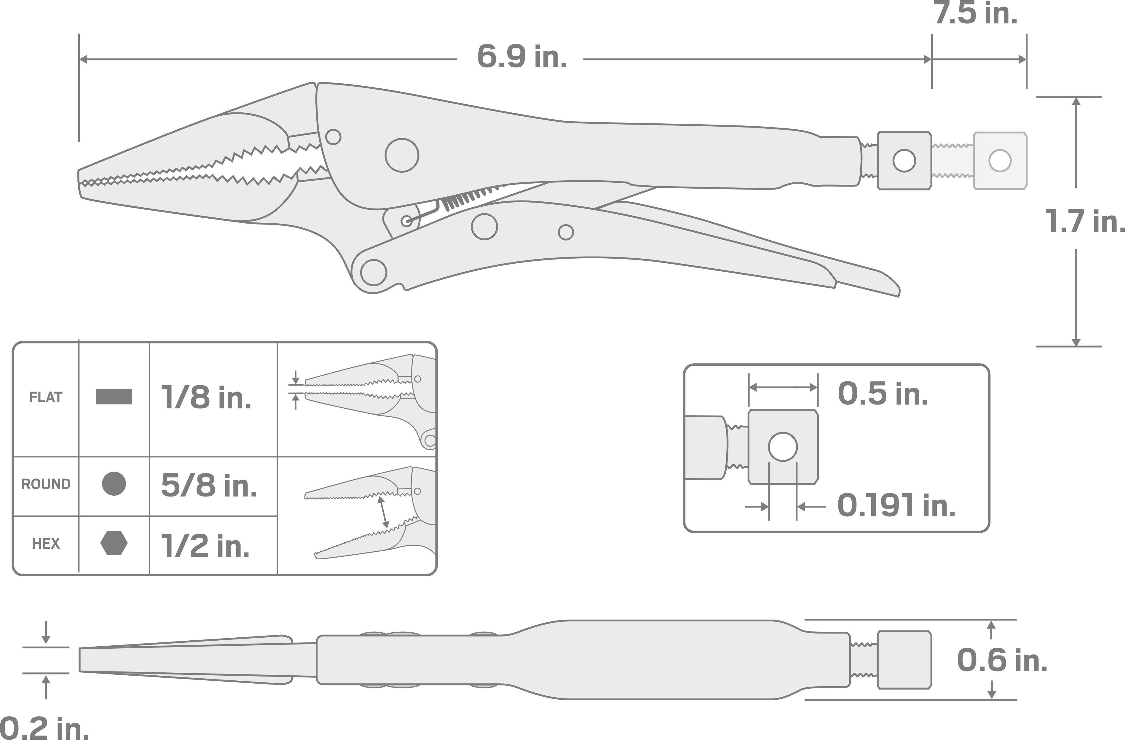 Specs for 6 Inch Long Nose Locking Pliers