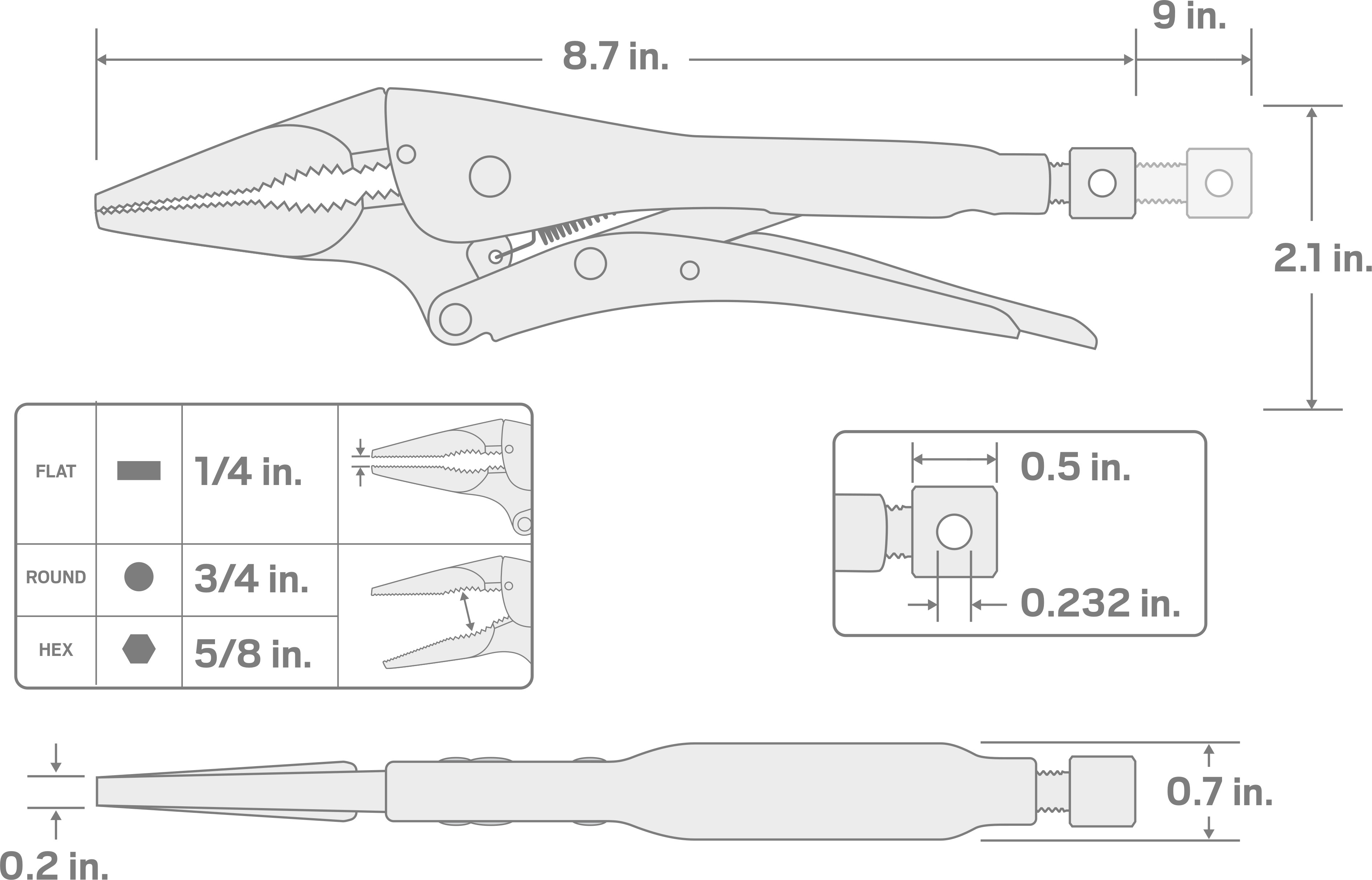 Specs for 9 Inch Long Nose Locking Pliers