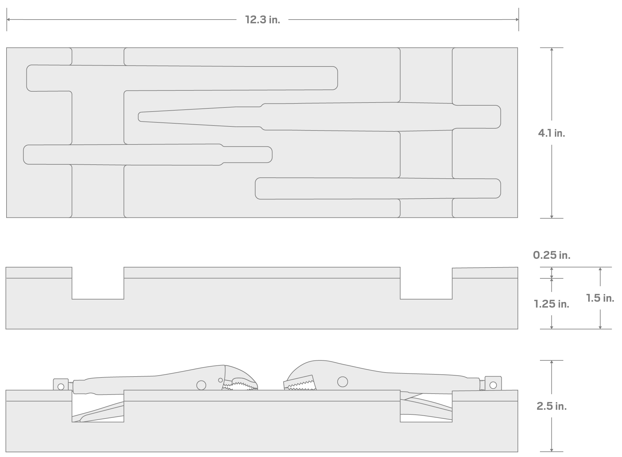 Specs for Locking Pliers Set with 12 x 4 Inch Foam Organizer, 4-Piece (Straight Jaw, Curved Jaw, Long Nose)