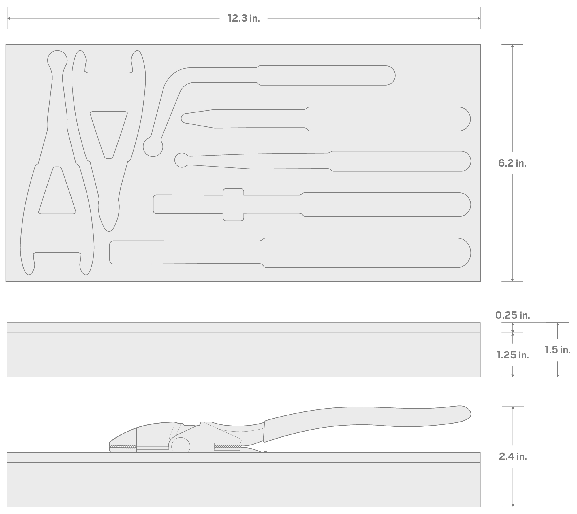 Specs for Gripping, Cutting, and Mini Pliers Set with 12 x 6 Inch Foam Organizer (7-Piece)