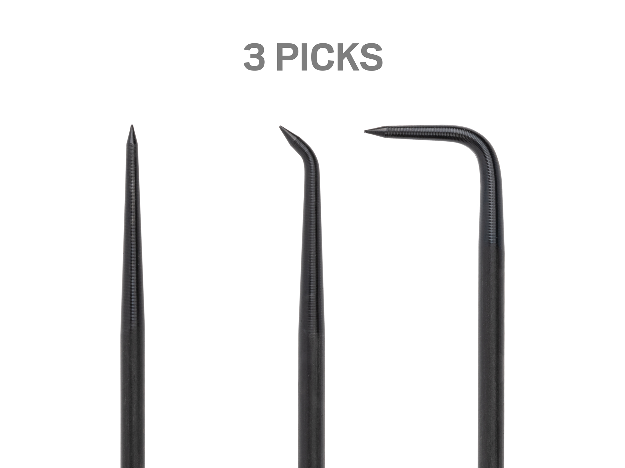 Set includes straight pick, 45-degree bent pick, 90-degree bent pick, 90-degree hook, and 130-degree hook. PNH90101.