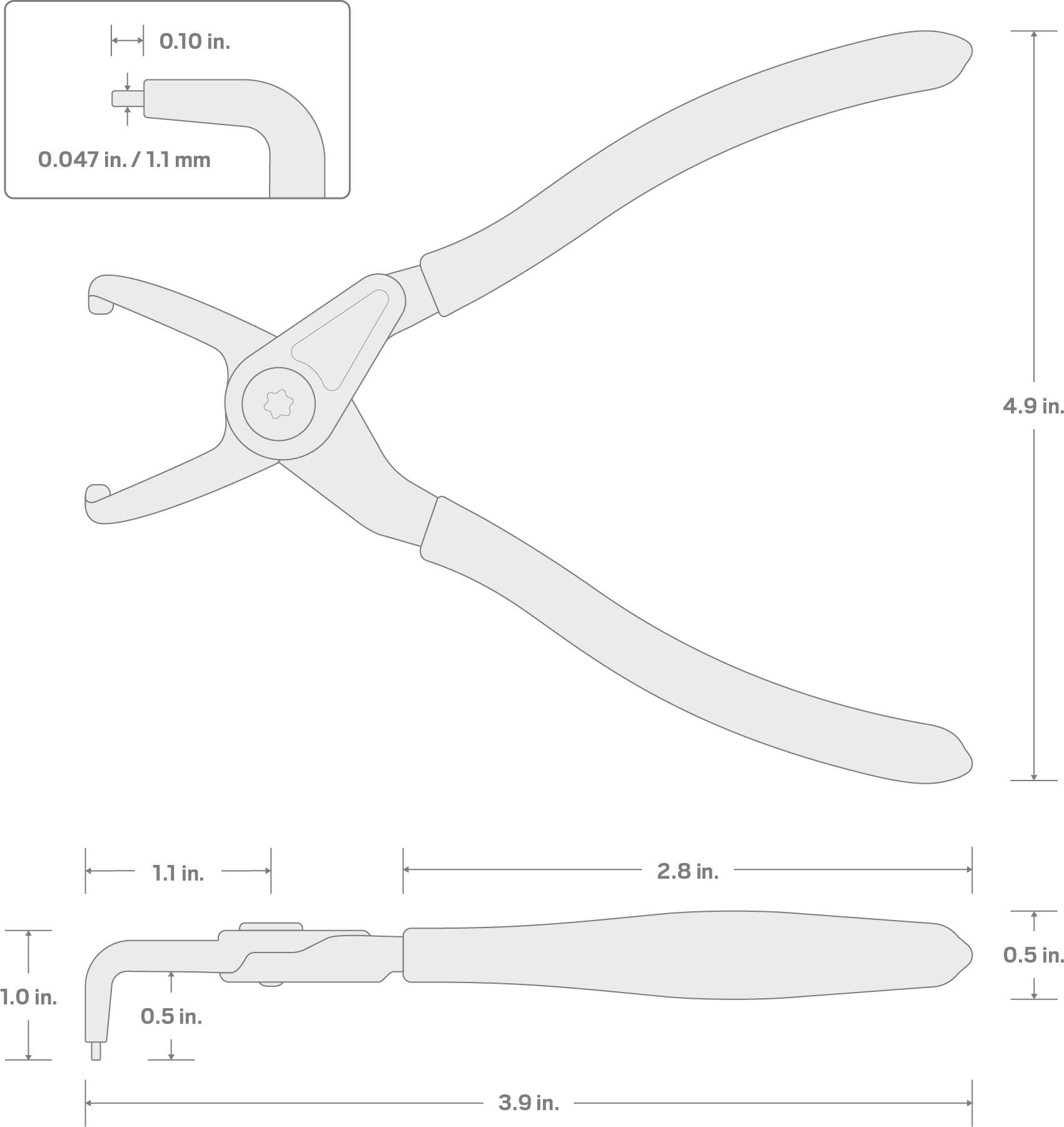Specs for 5 Inch 90-Degree Internal Retaining Ring Pliers (0.047 in. Tips)