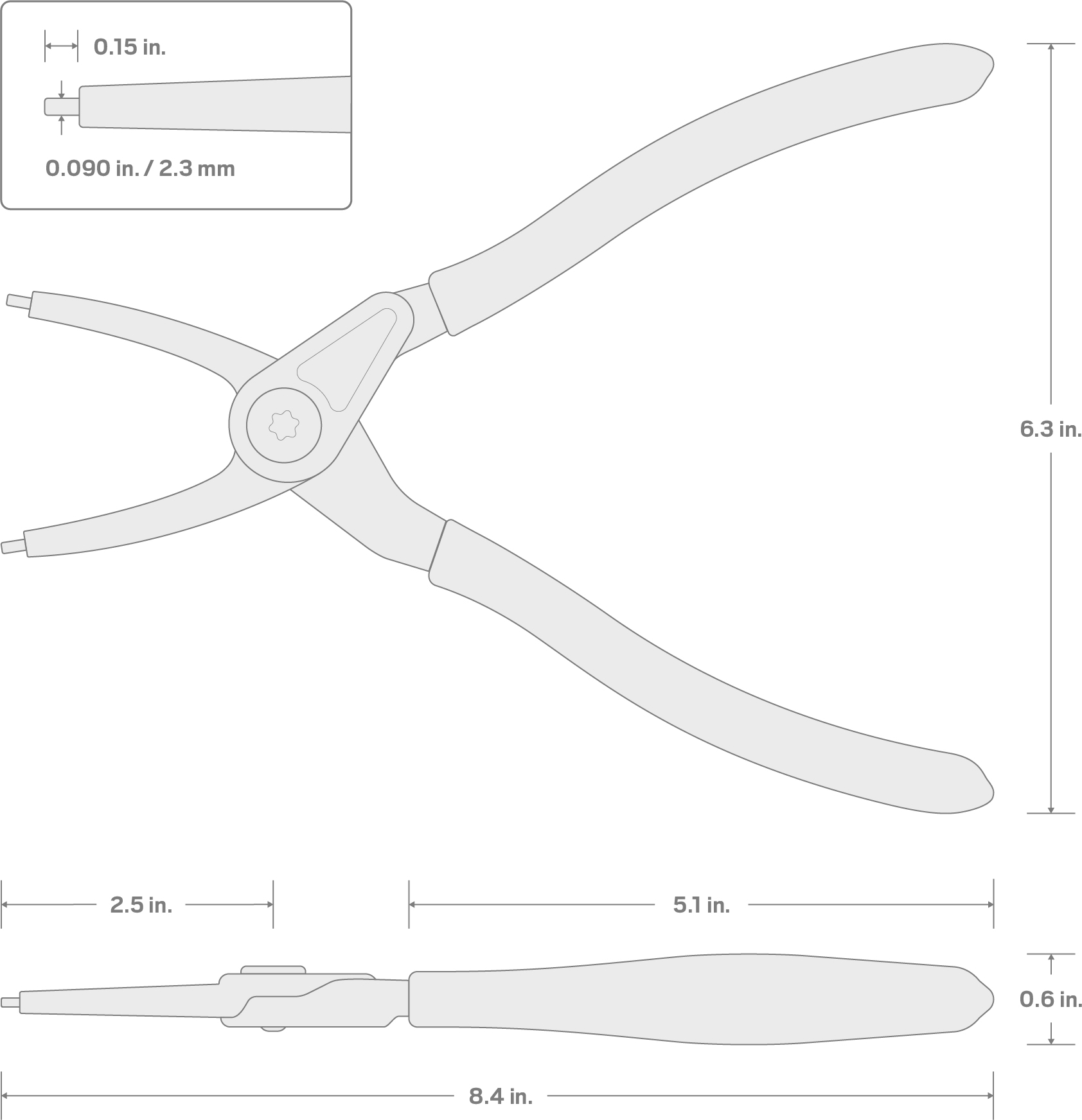 Specs for 9 Inch Internal Retaining Ring Pliers (0.090 in. Tips)