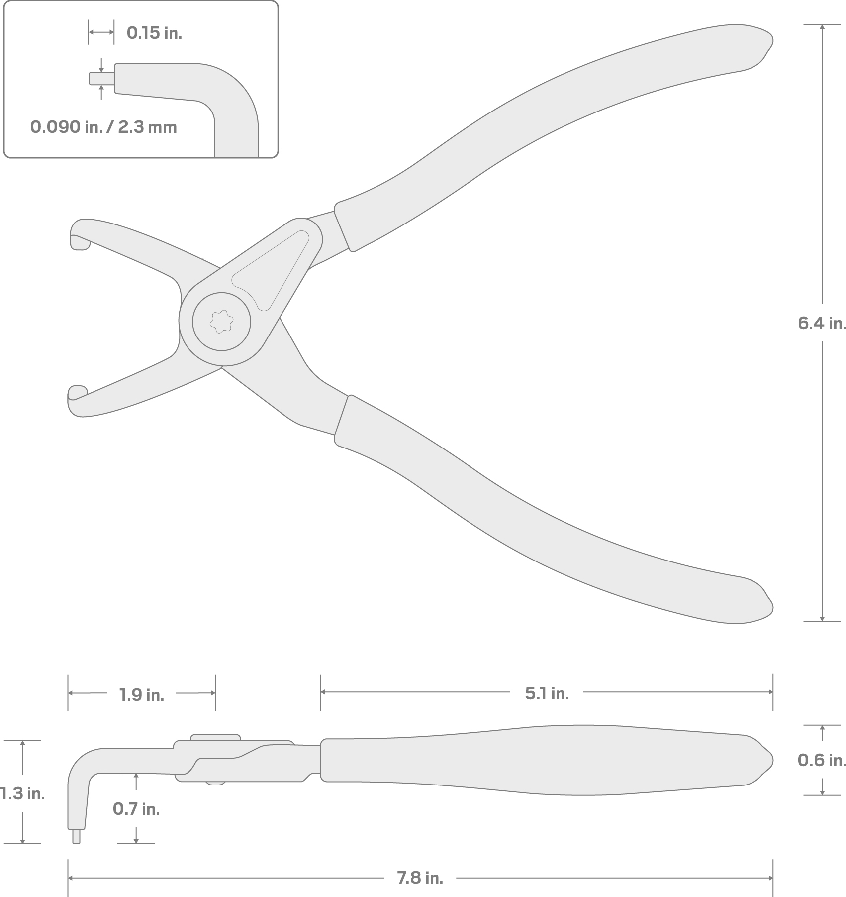 Specs for 9 Inch 90-Degree Internal Retaining Ring Pliers (0.090 in. Tips)