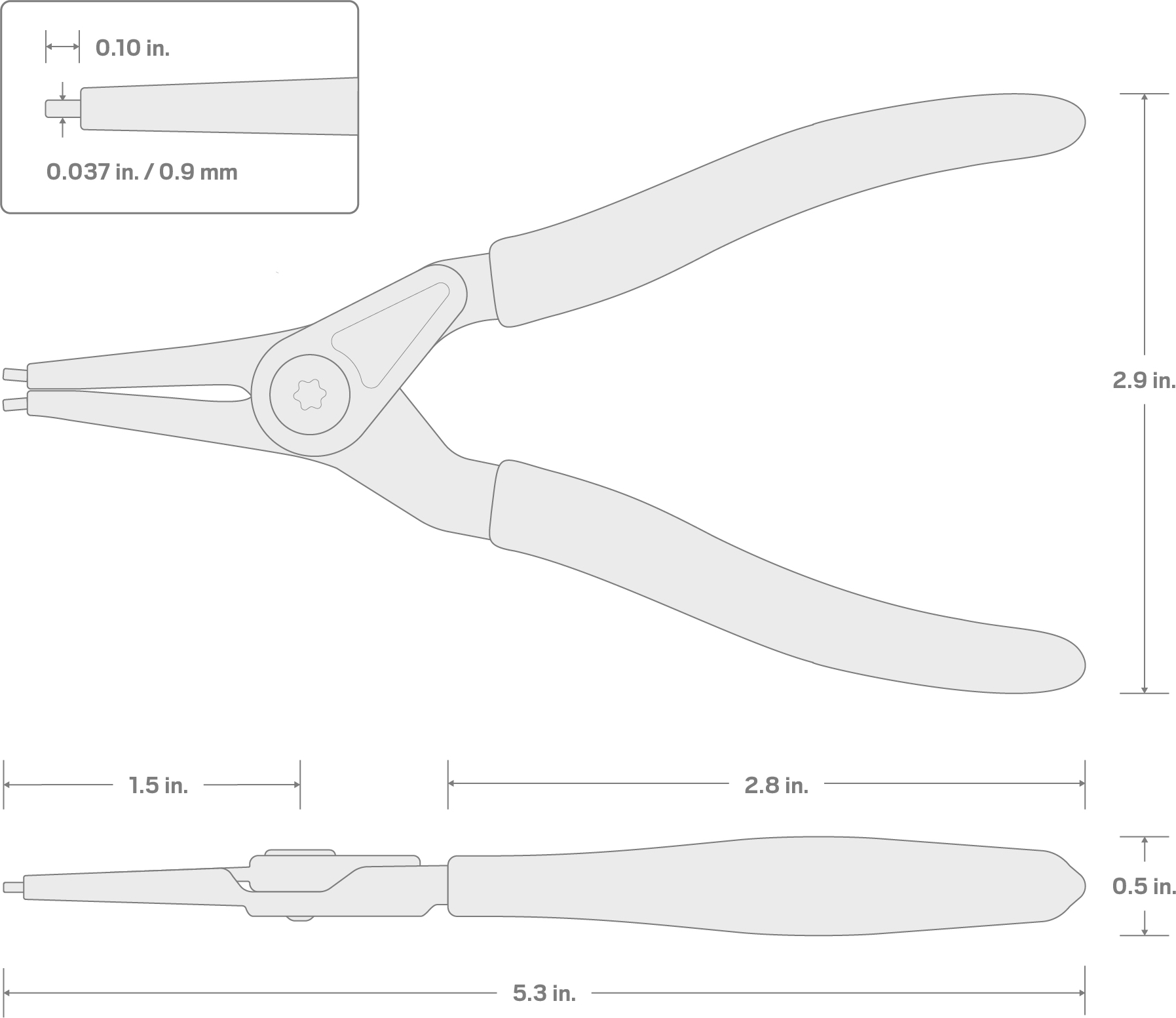 Specs for 5 Inch External Retaining Ring Pliers (0.037 in. Tips)