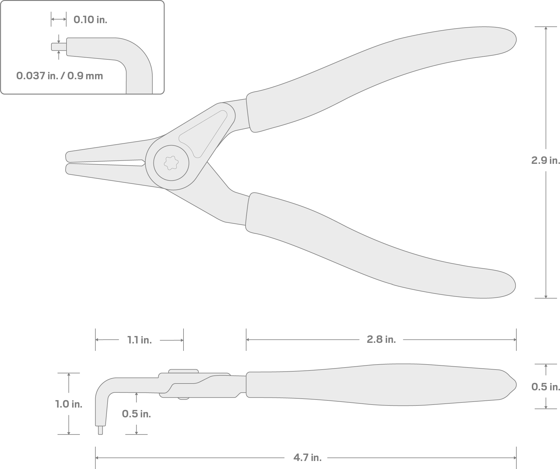 Specs for 5 Inch 90-Degree External Retaining Ring Pliers (0.037 in. Tips)