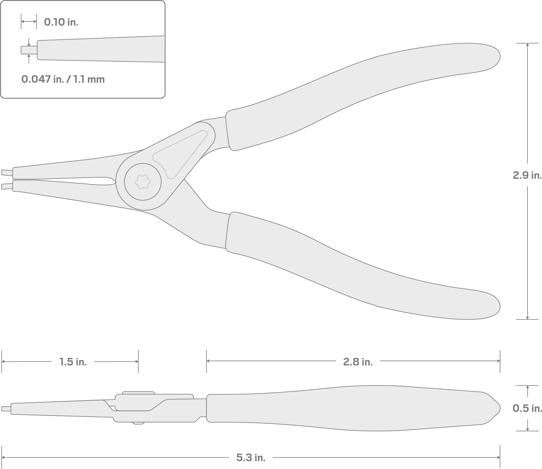 Specs for 5 Inch External Retaining Ring Pliers (0.047 in. Tips)