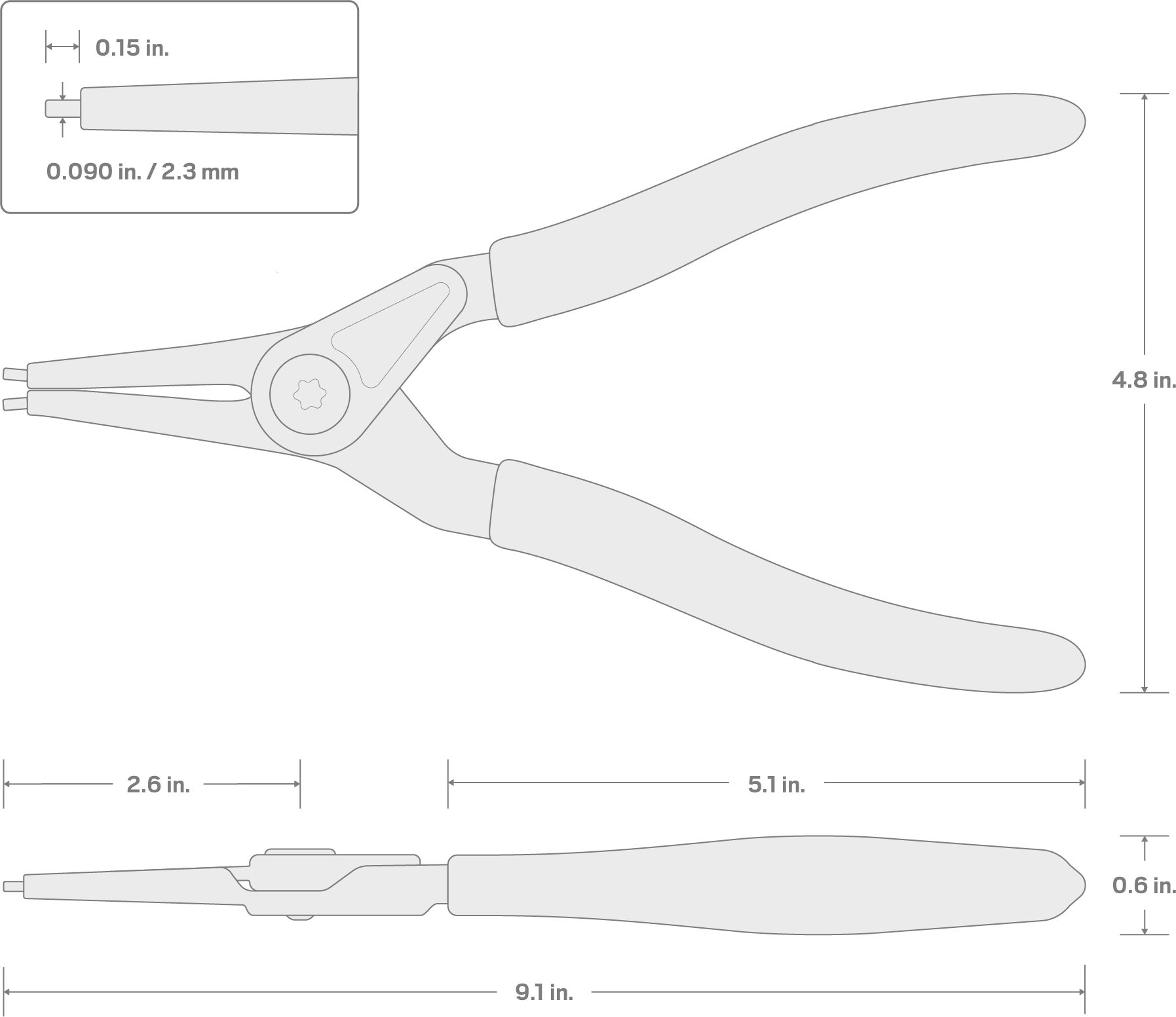 Specs for 9 Inch External Retaining Ring Pliers (0.090 in. Tips)