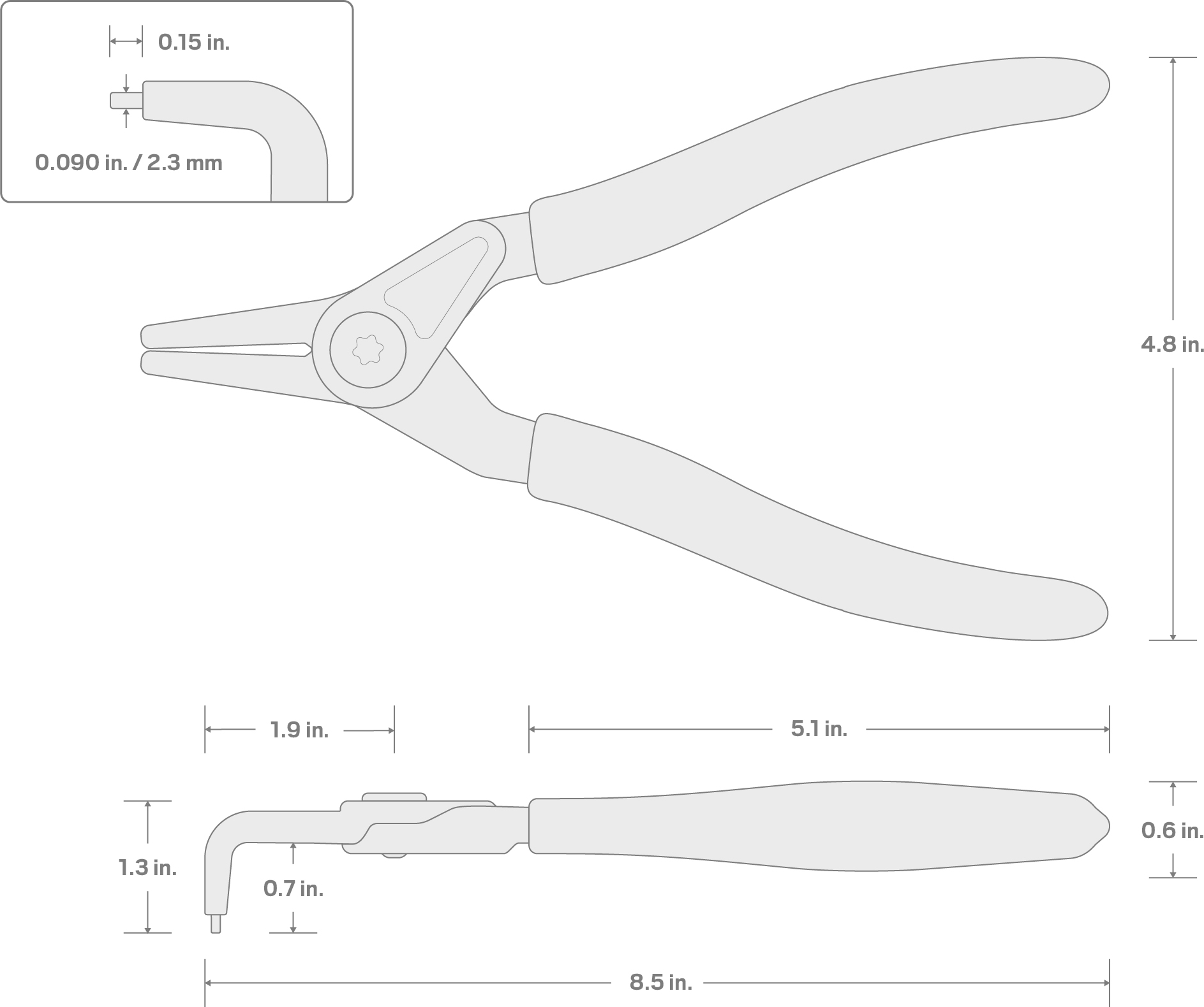 Specs for 9 Inch 90-Degree External Retaining Ring Pliers (0.090 in. Tips)