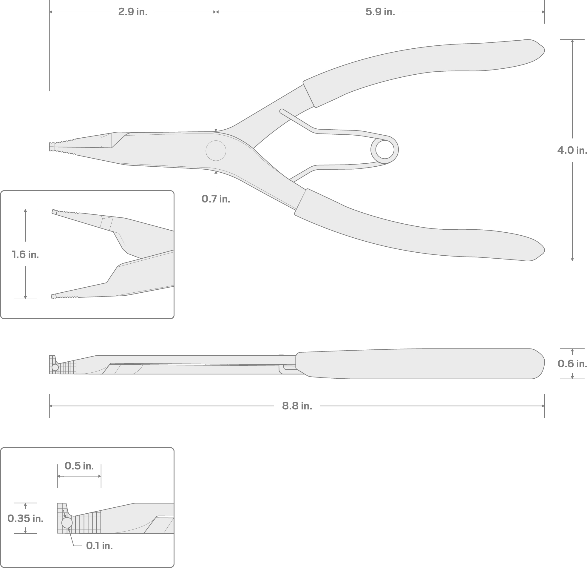 Specs for 9 Inch 90-Degree Tip Lock Ring Pliers