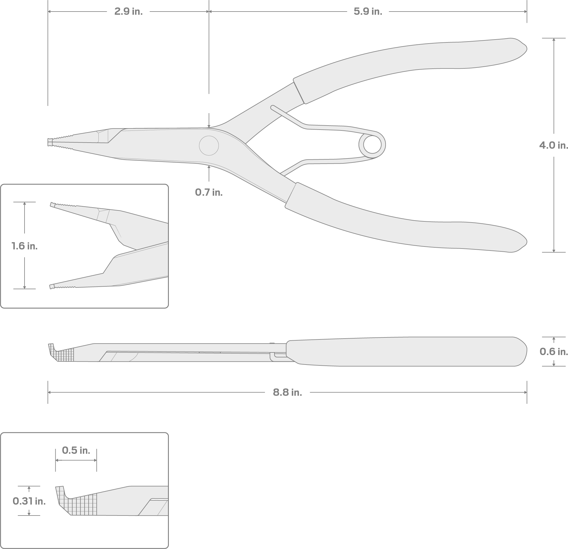 Specs for 9 Inch Curved Tip Lock Ring Pliers