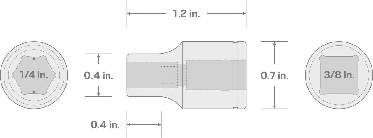 Specs for 3/8 Inch Drive x 1/4 Inch Magnetic Hex Bit Holder Socket