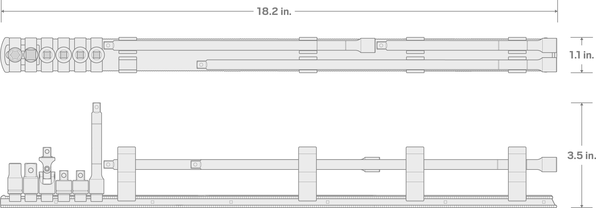 Specs for 1/4 Inch Drive Extension and Accessory Set with Rail (9-Piece)