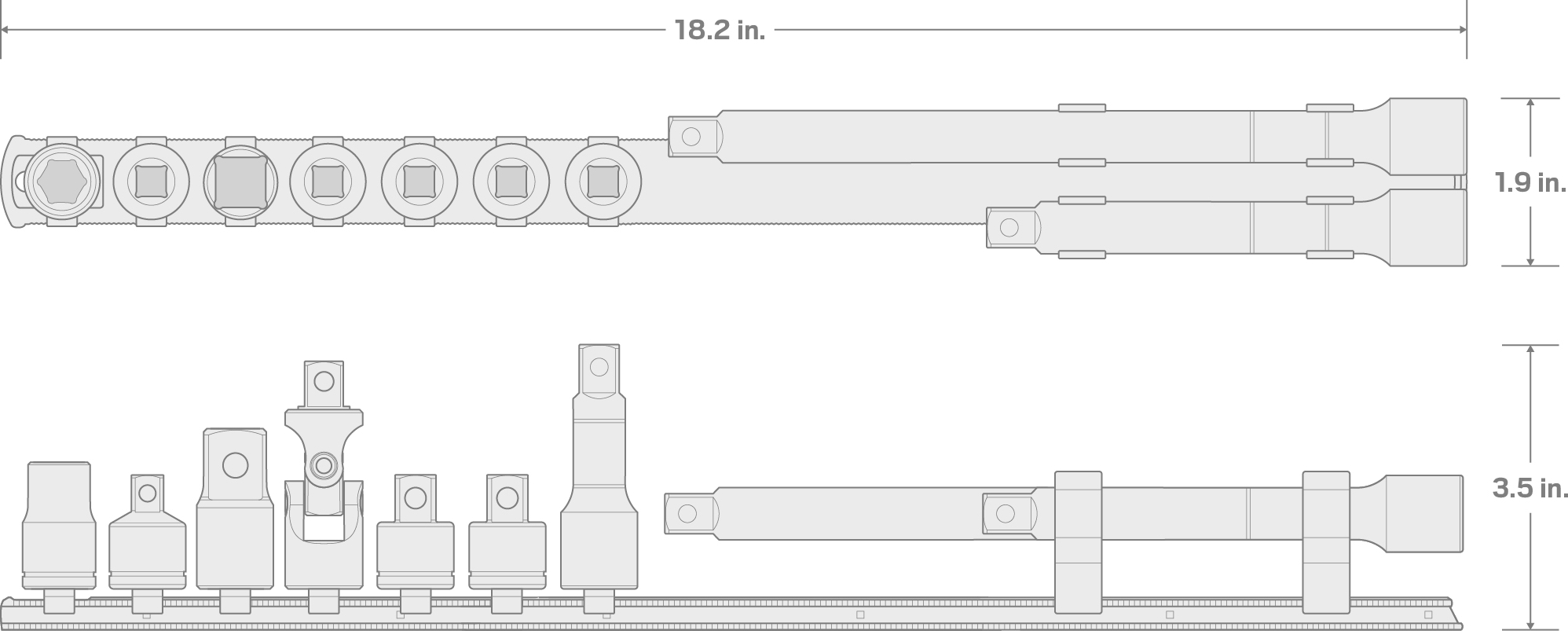 Specs for 1/2 Inch Drive Extension and Accessory Set with Rail (9-Piece)