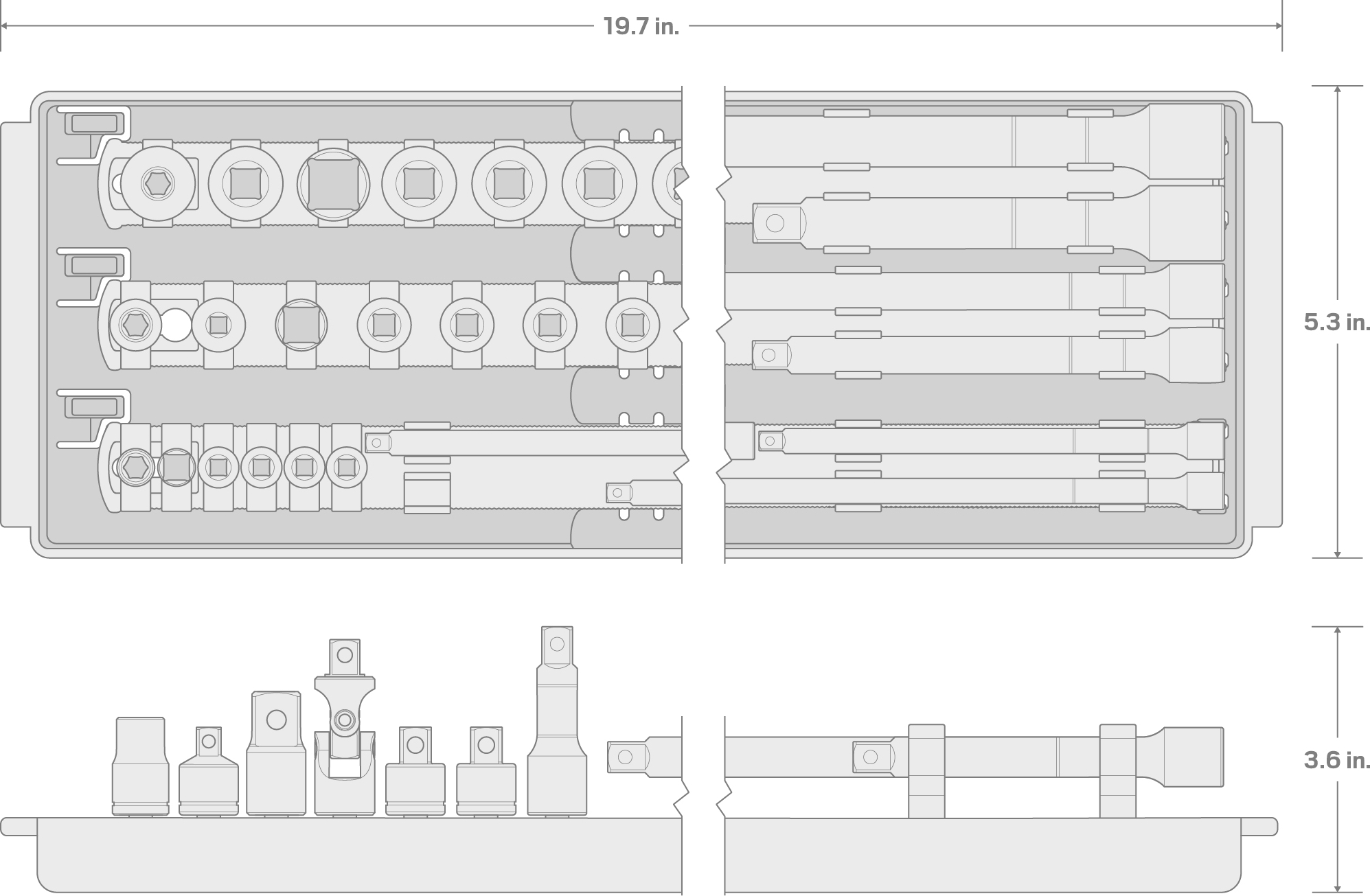 Specs for 1/4, 3/8, 1/2 Inch Drive Extension and Accessory Set with Rails and Tray (27-Piece)