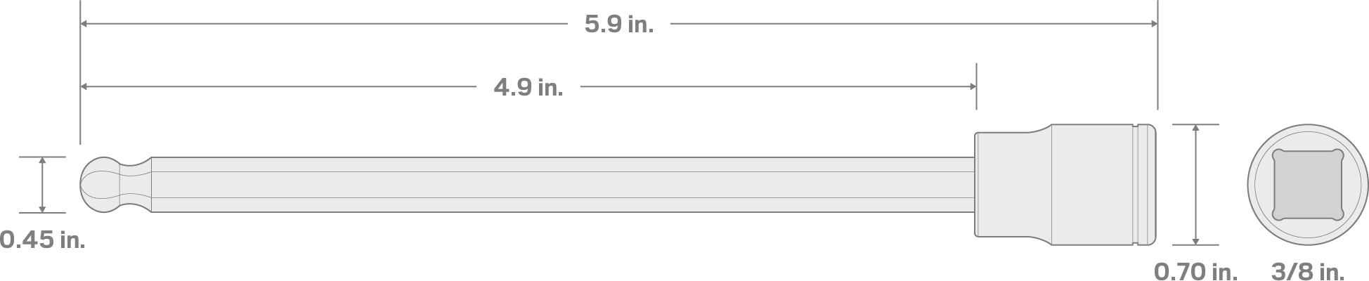 Specs for 3/8 Inch Drive x 10 mm Long Ball End Hex Bit Socket