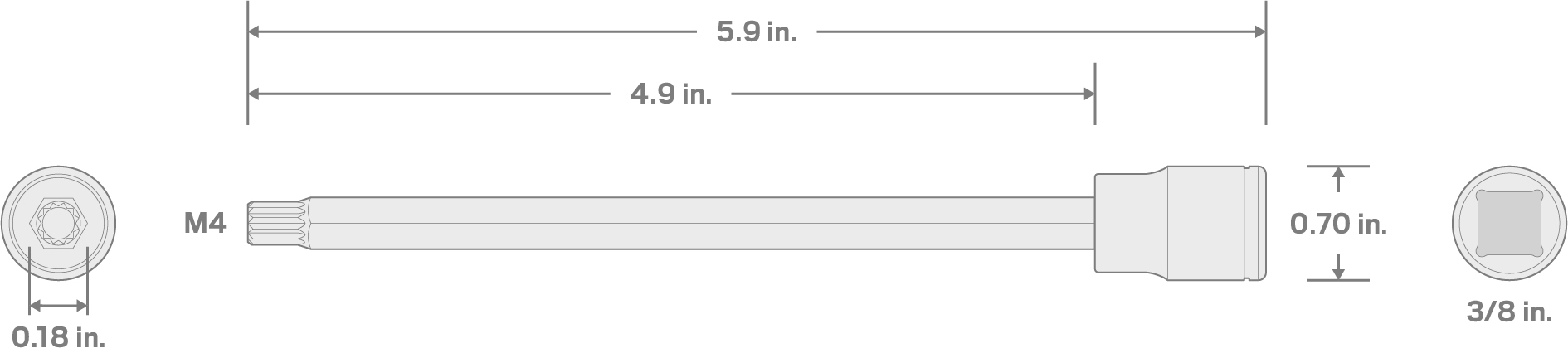 Specs for 3/8 Inch Drive x M4 Long Triple Square Bit Socket