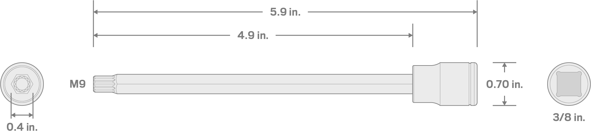 Specs for 3/8 Inch Drive x M9 Long Triple Square Bit Socket