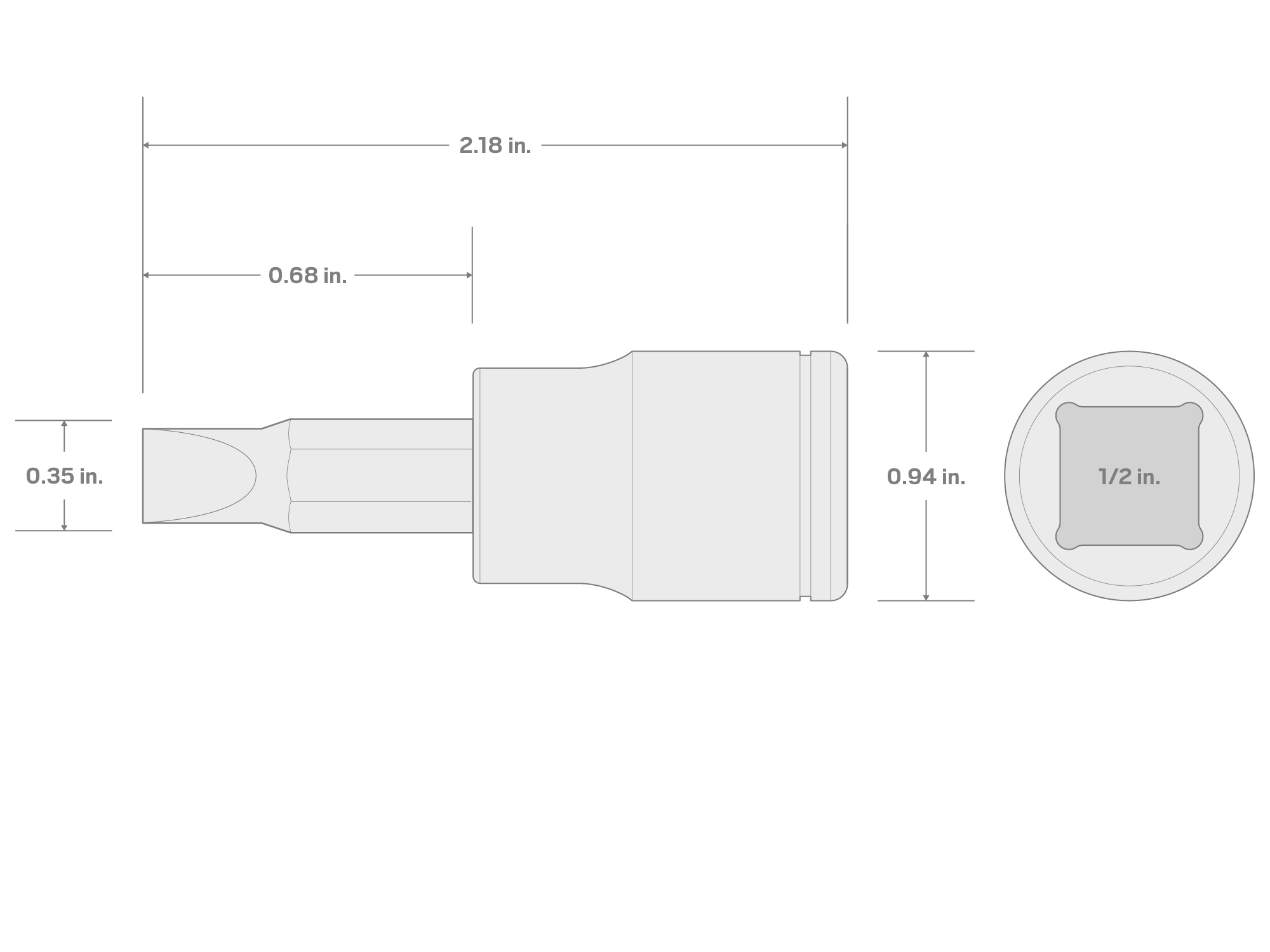 Specs for 1/2 Inch Drive x 1/4 Inch Slotted Bit Socket