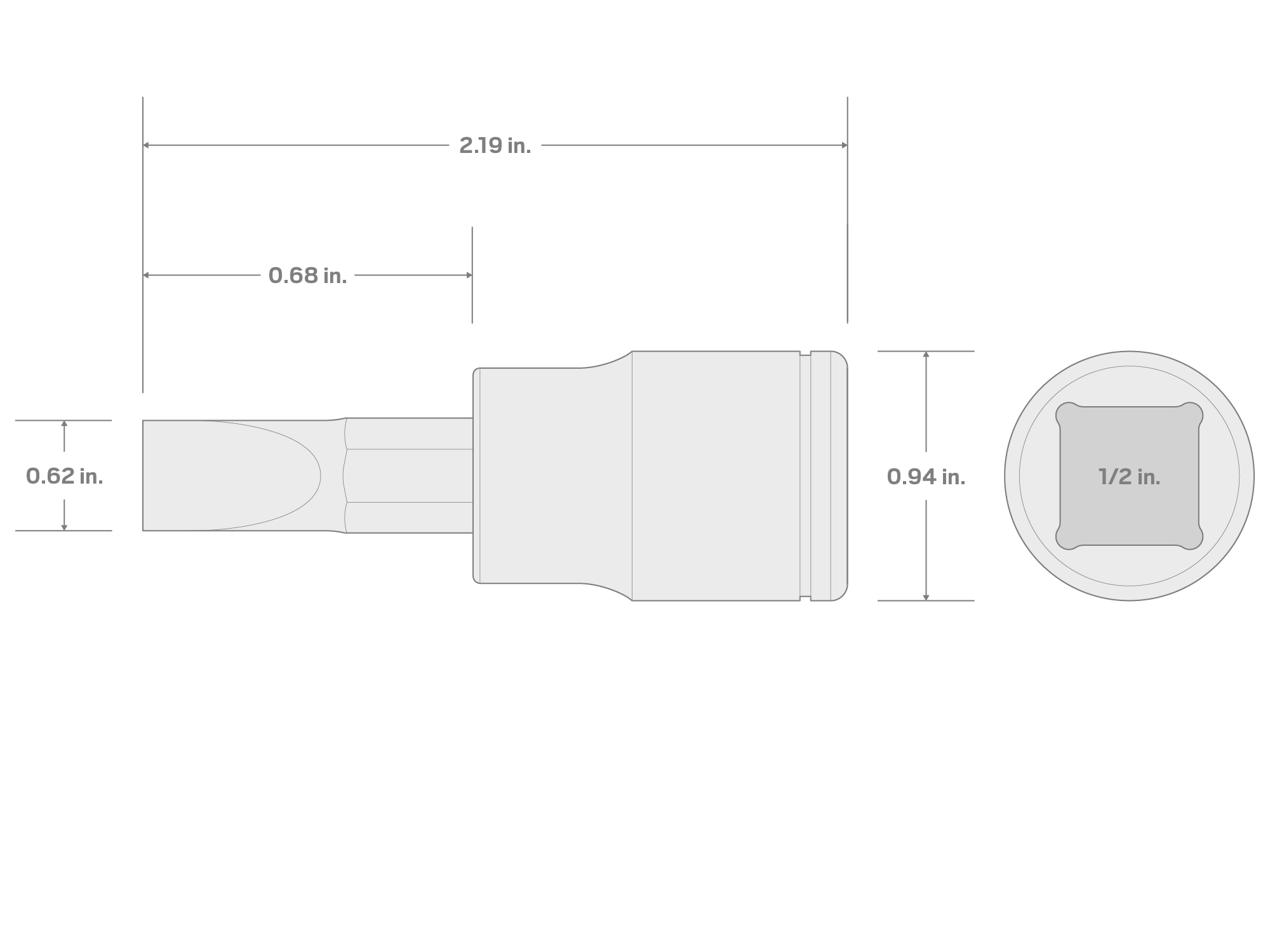 Specs for 1/2 Inch Drive x 1/2 Inch Slotted Bit Socket