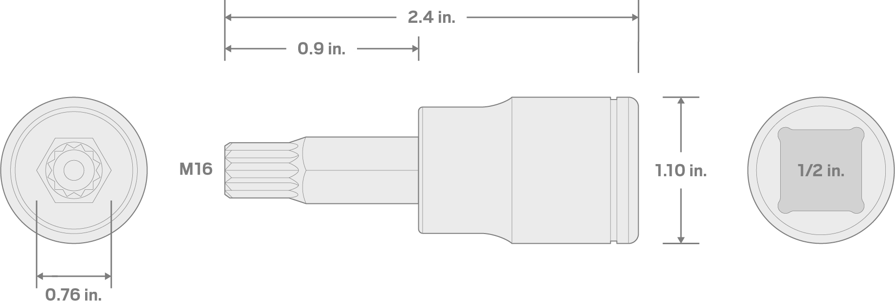 Specs for 1/2 Inch Drive x MT16 Tamper-Resistant Triple Square Bit Socket