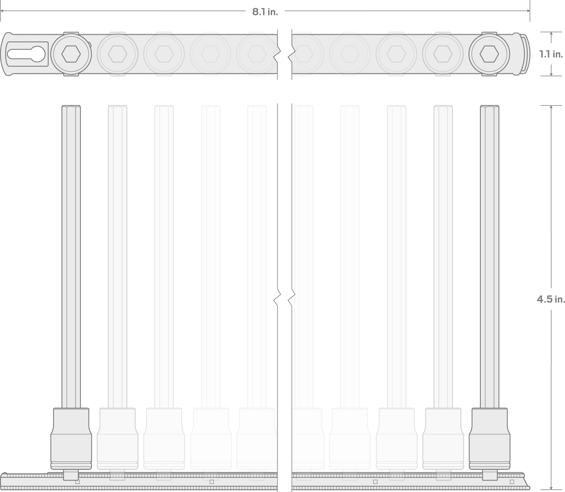 Specs for 1/4 Inch Drive Long Hex Bit Socket Set with Rail, 11-Piece (2-8 mm)