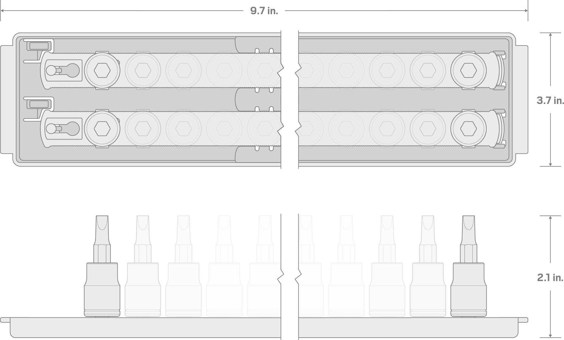 Specs for 1/4 Inch Drive Hex Bit Socket Set with Rails and Tray, 21-Piece (5/64-5/16 in., 2-8 mm)