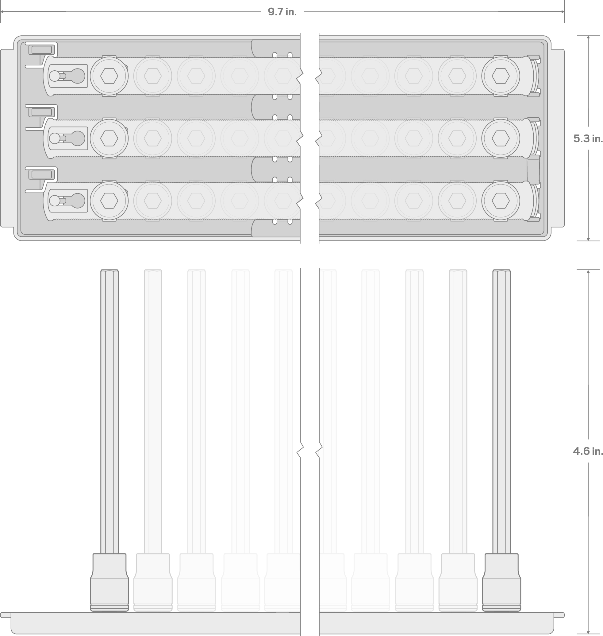 Specs for 1/4 Inch Drive Long Hex and Torx Bit Socket Set with Rails and Tray, 31-Piece (5/64-5/16 in., 2-8 mm, T6-T30)