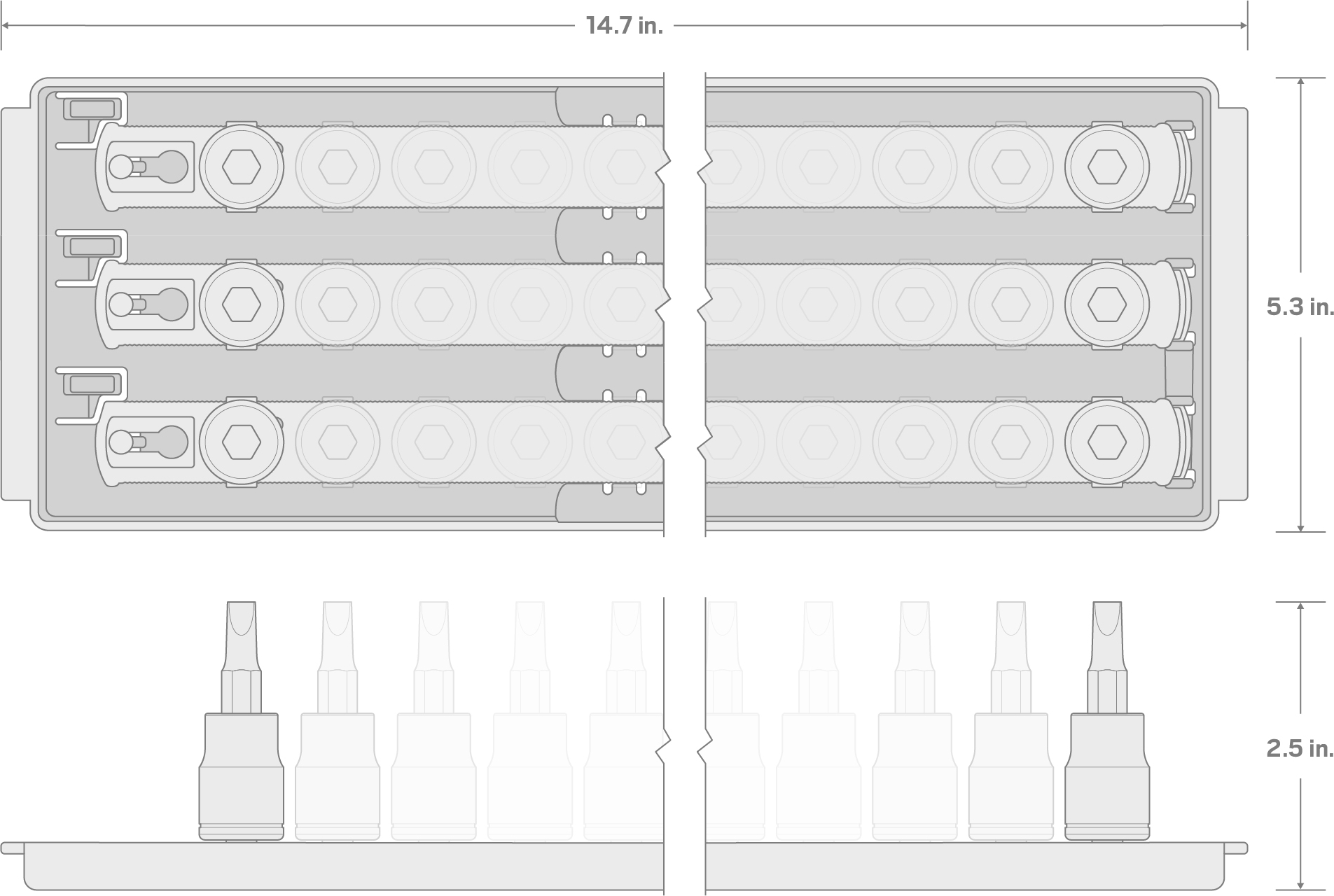 Specs for 3/8 Inch Drive Hex and Torx Bit Socket Set with Rails and Tray, 31-Piece (1/8-3/8 in., 3-10 mm, T10-T60)