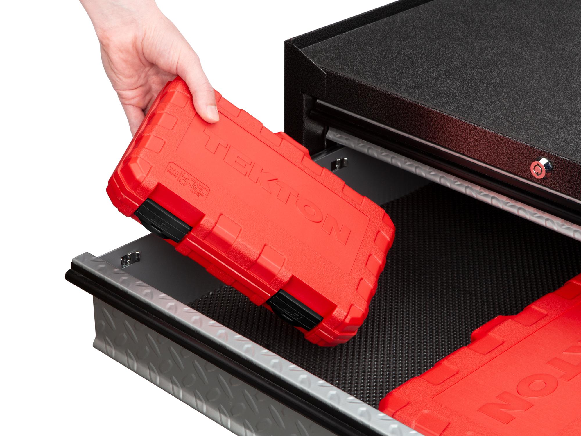 Front angled view of Tekton case  set in a tool cabinet drawer. Item #SHB91303