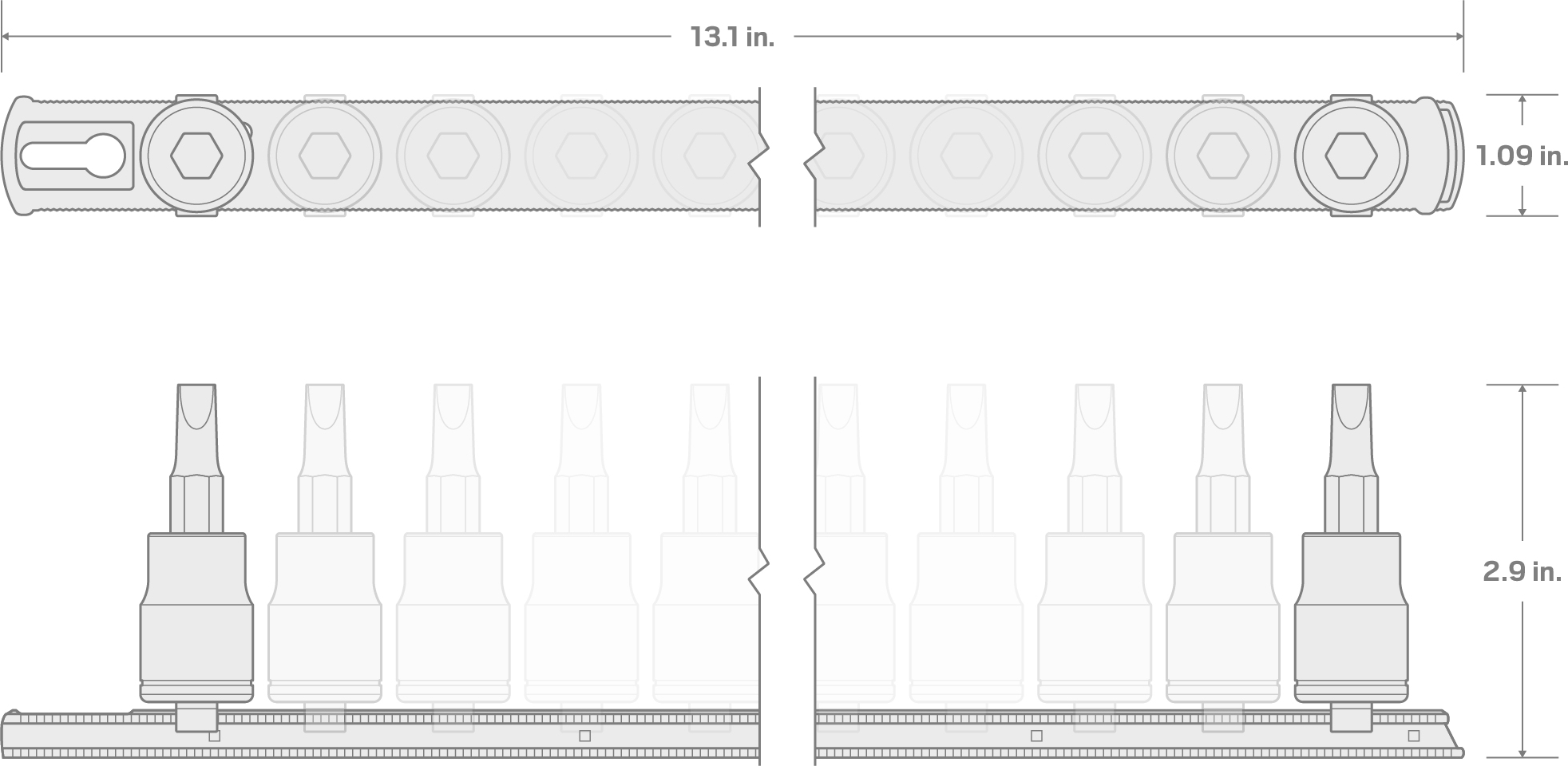 Specs for 1/2 Inch Drive Torx Bit Socket Set with Rail, 9-Piece (T30-T80)