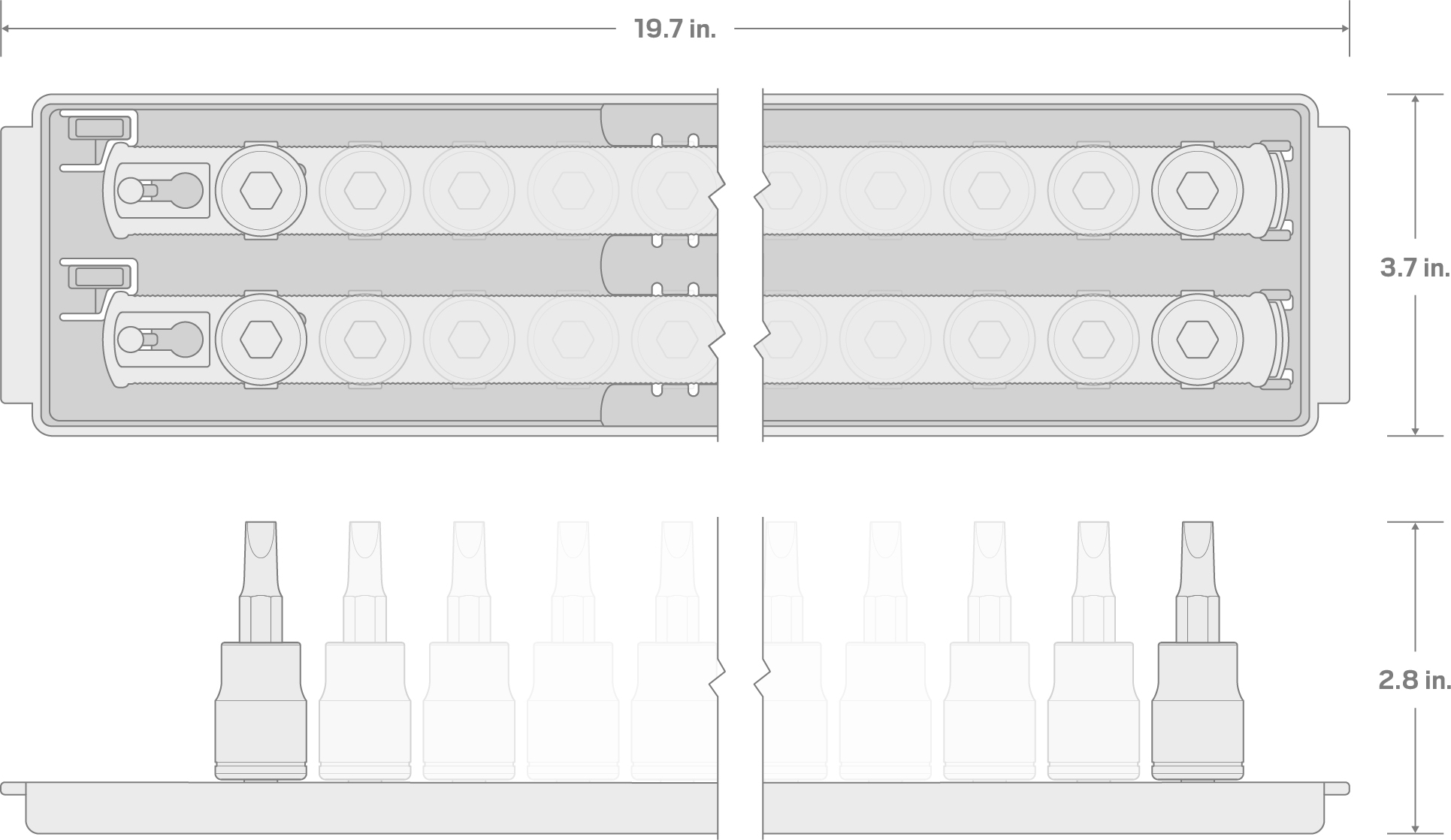 Specs for 1/2 Inch Drive Hex Bit Socket Set with Rails and Tray, 23-Piece (1/4-3/4 in., 6-19 mm)