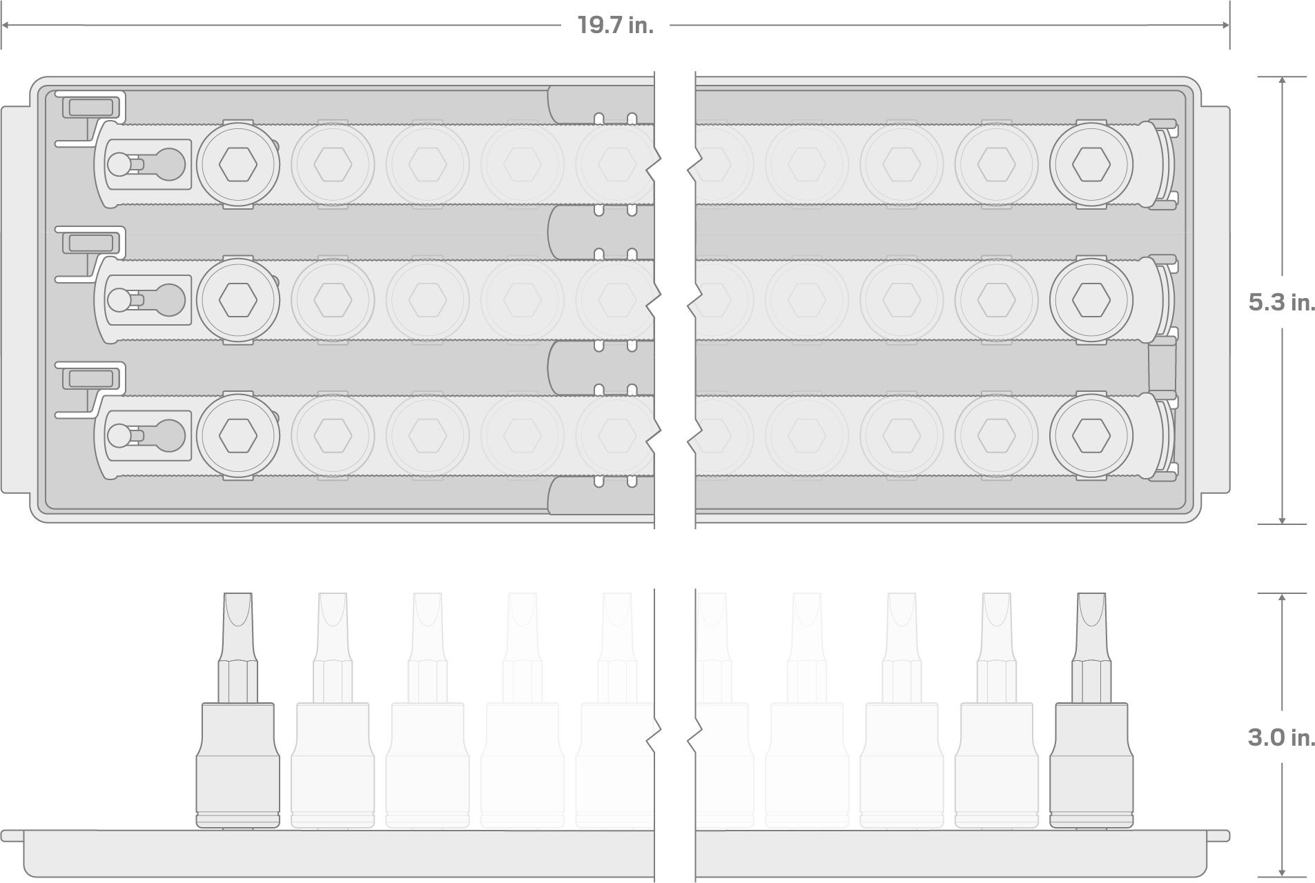 Specs for 1/2 Inch Drive Hex/Torx Bit Socket Set with Rails and Tray, 32-Piece (1/4-3/4 in., 6-19 mm, T30-T80)