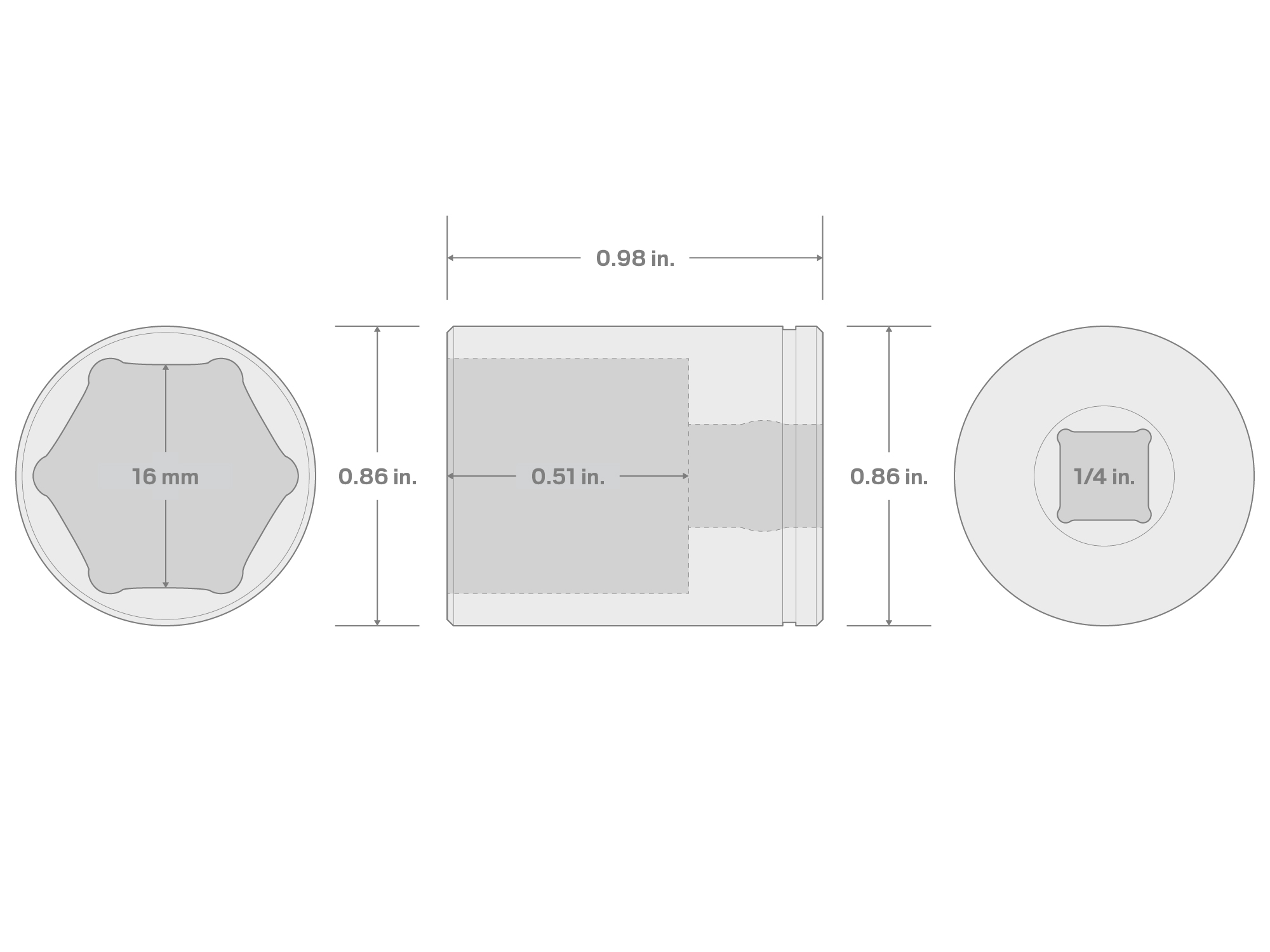 Specs for 1/4 Inch Drive x 16 mm Shallow 6-Point Socket