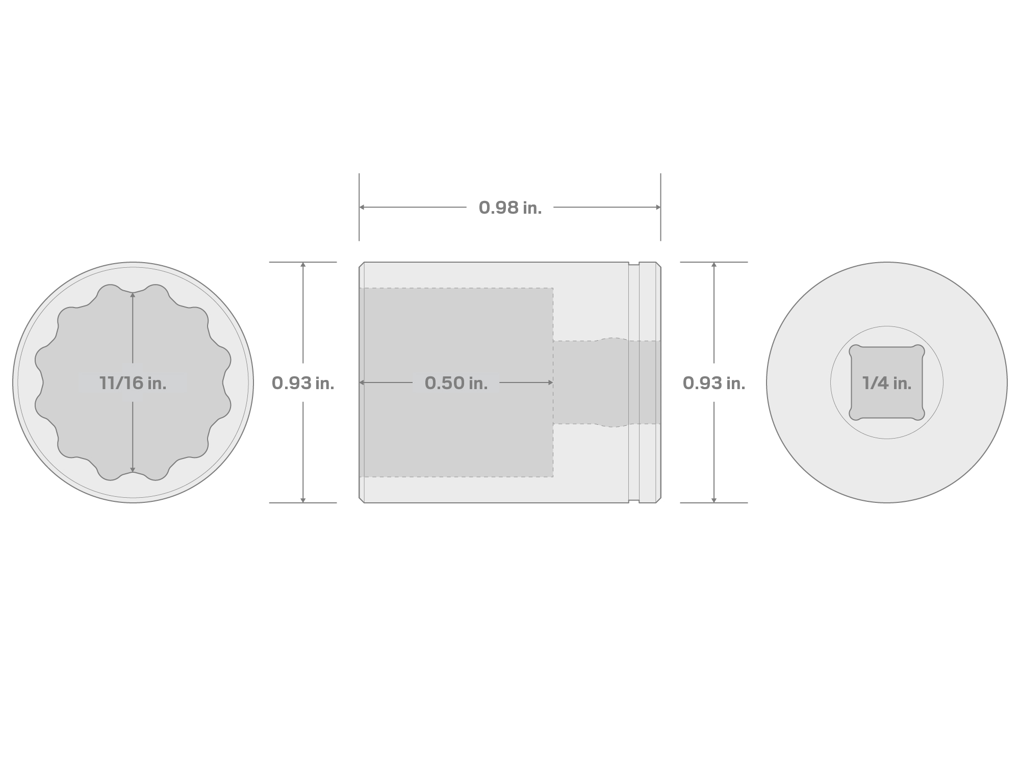 Specs for 1/4 Inch Drive x 11/16 Inch Shallow 12-Point Socket